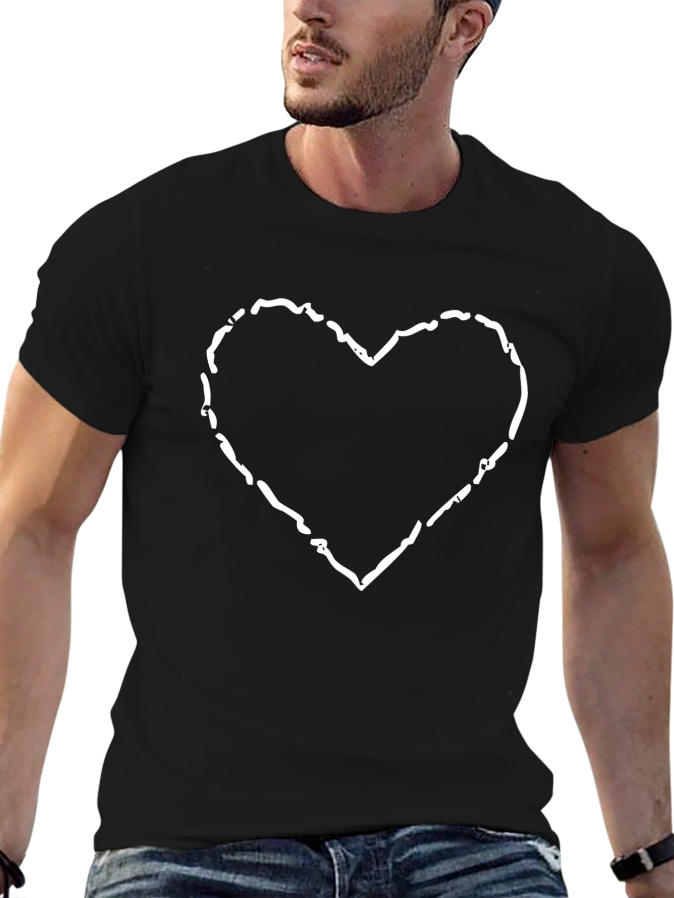 Heart Outline Graphic Tee - Black Cotton Casual