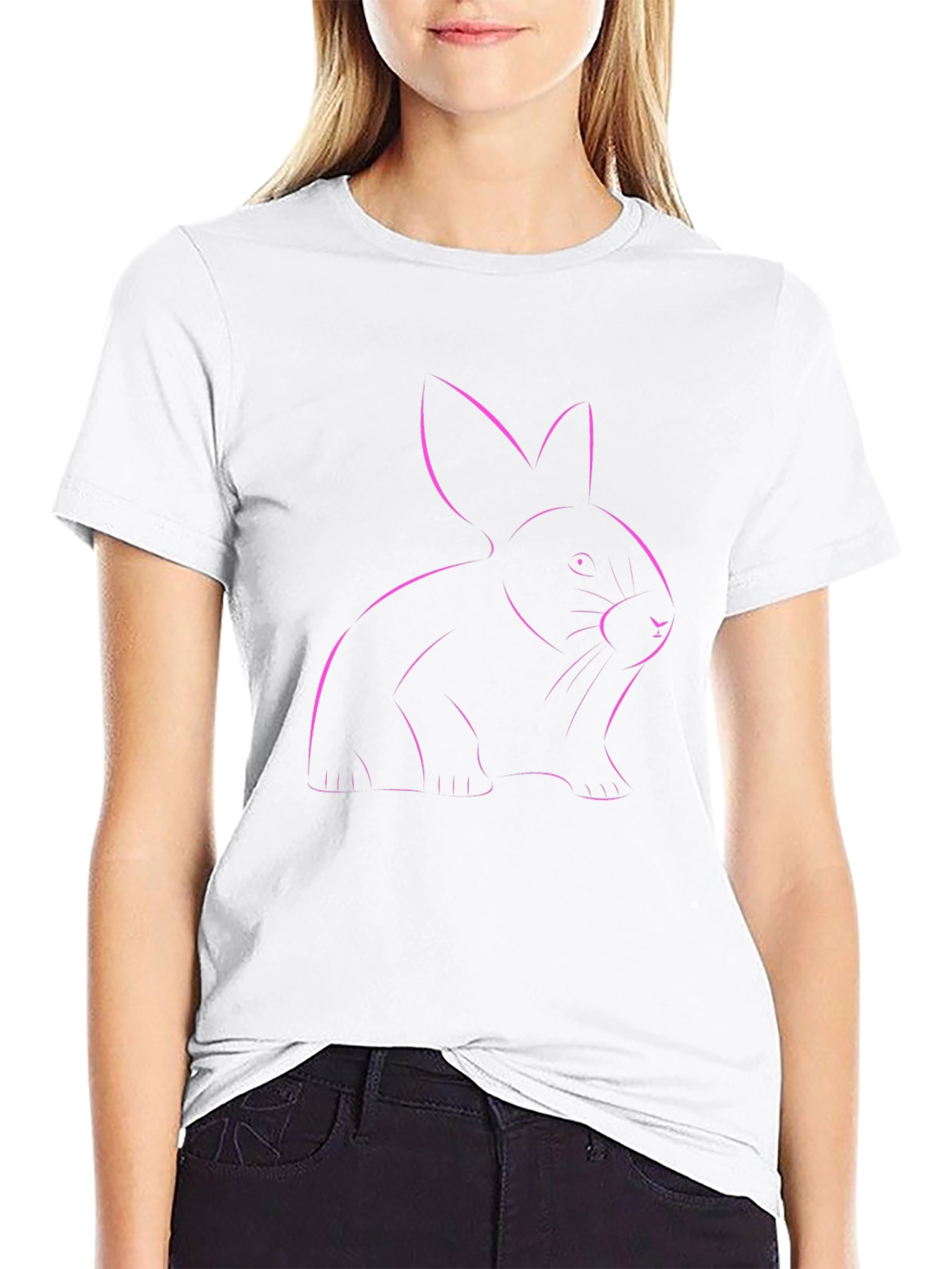 Pink Rabbit Outline Black T-Shirt