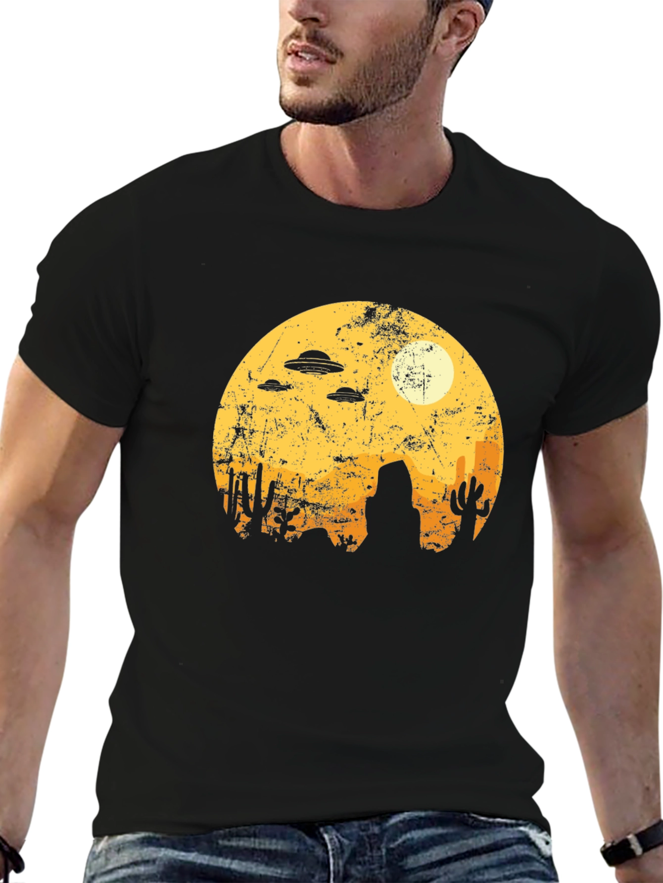 Retro Desert Alien UFO Graphic Tee - Black