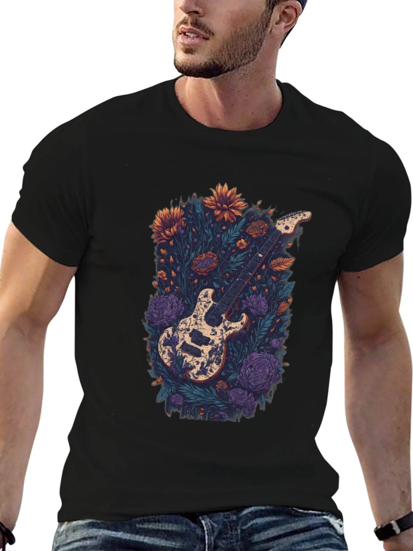 Floral Guitar Graphic Tee - Black