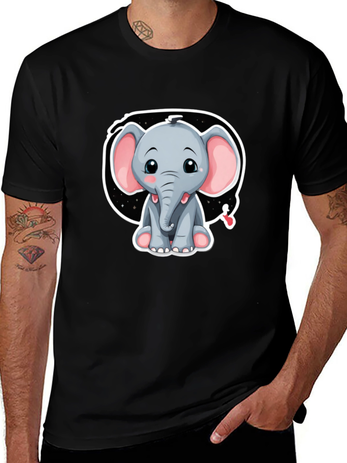 Cute Elephant Graphic Tee - Black Cotton Shirt