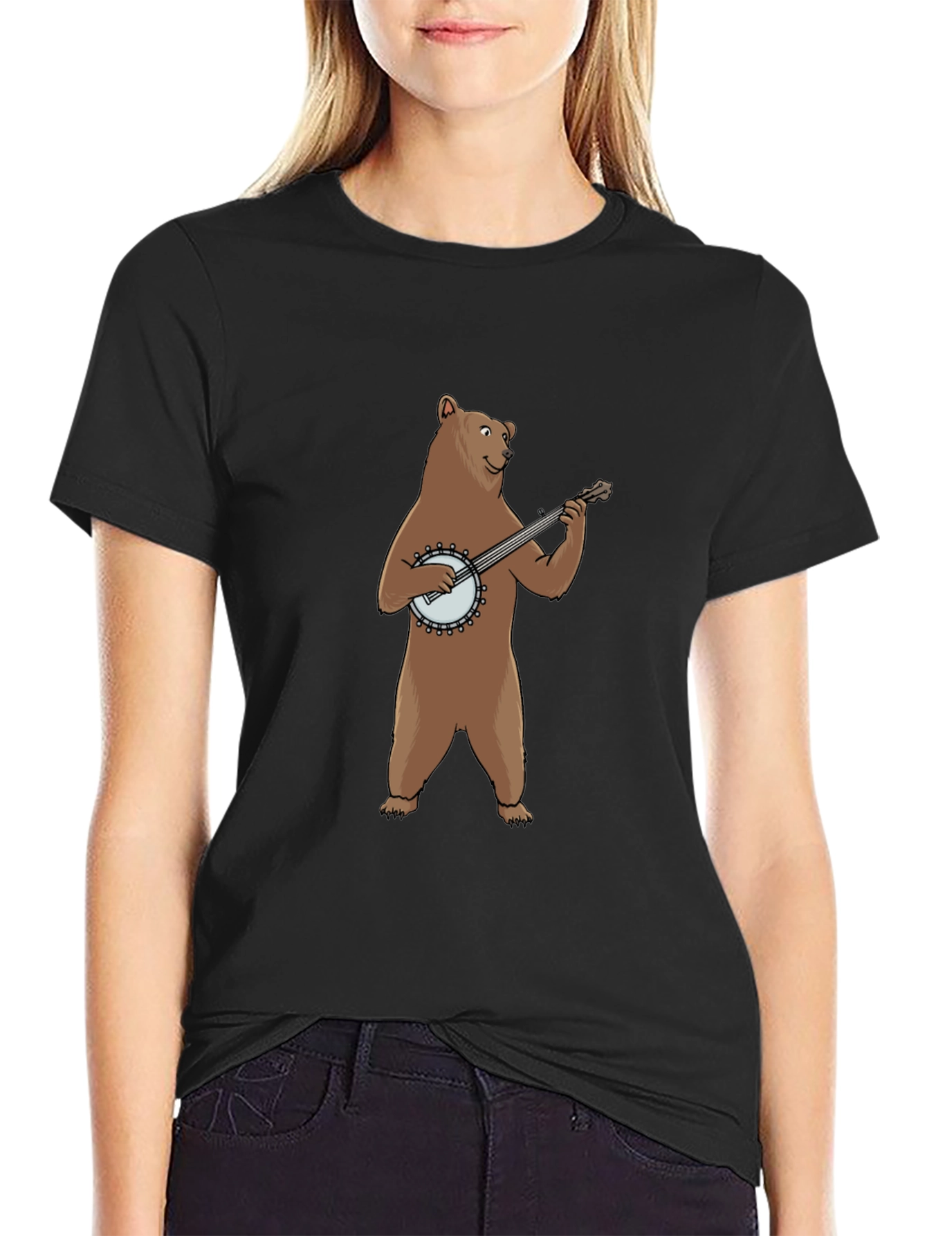 Bear Playing Banjo Graphic Tee - Black Cotton T-Shirt