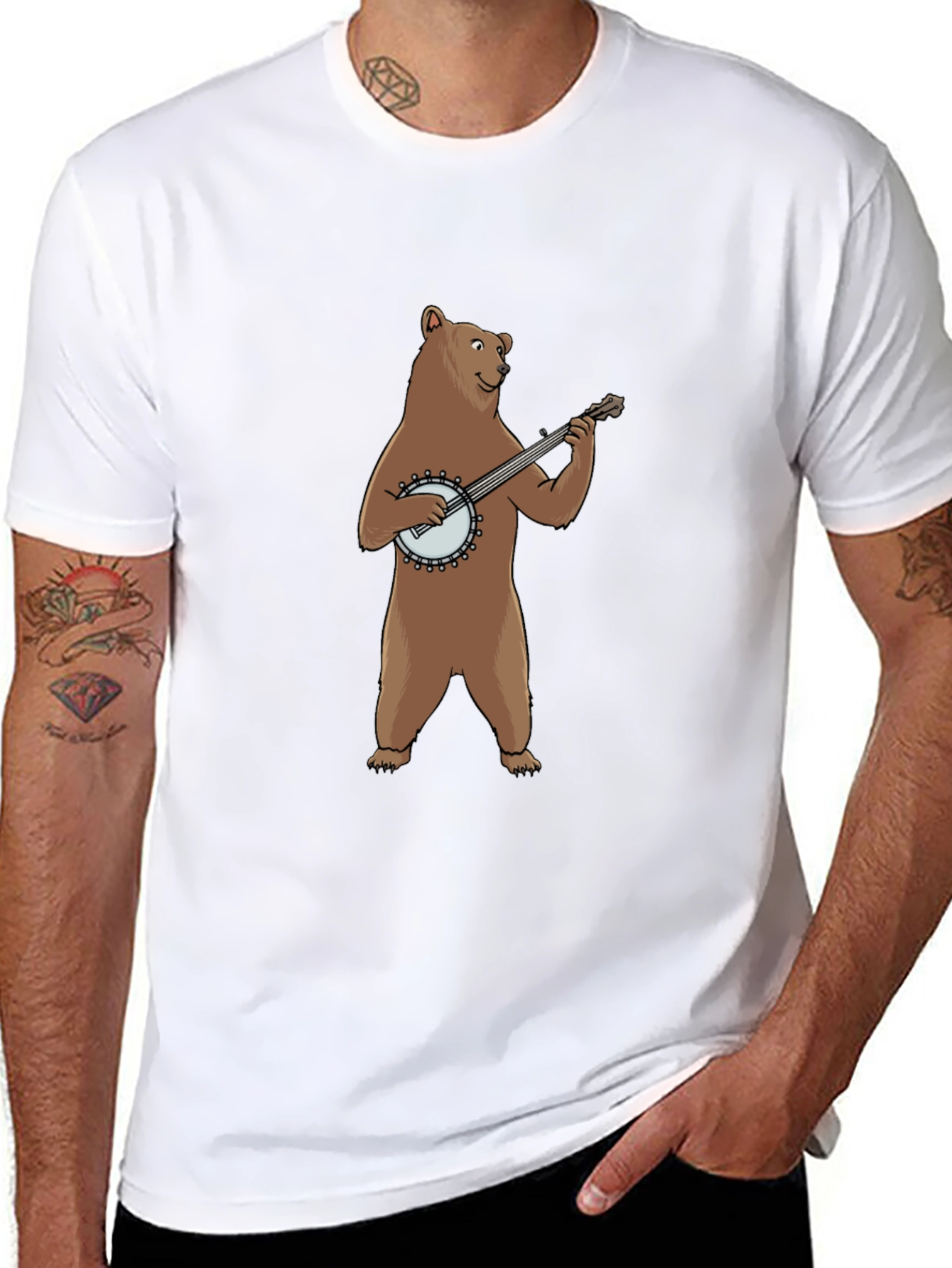 Bear Playing Banjo Graphic Tee - Black Cotton T-Shirt