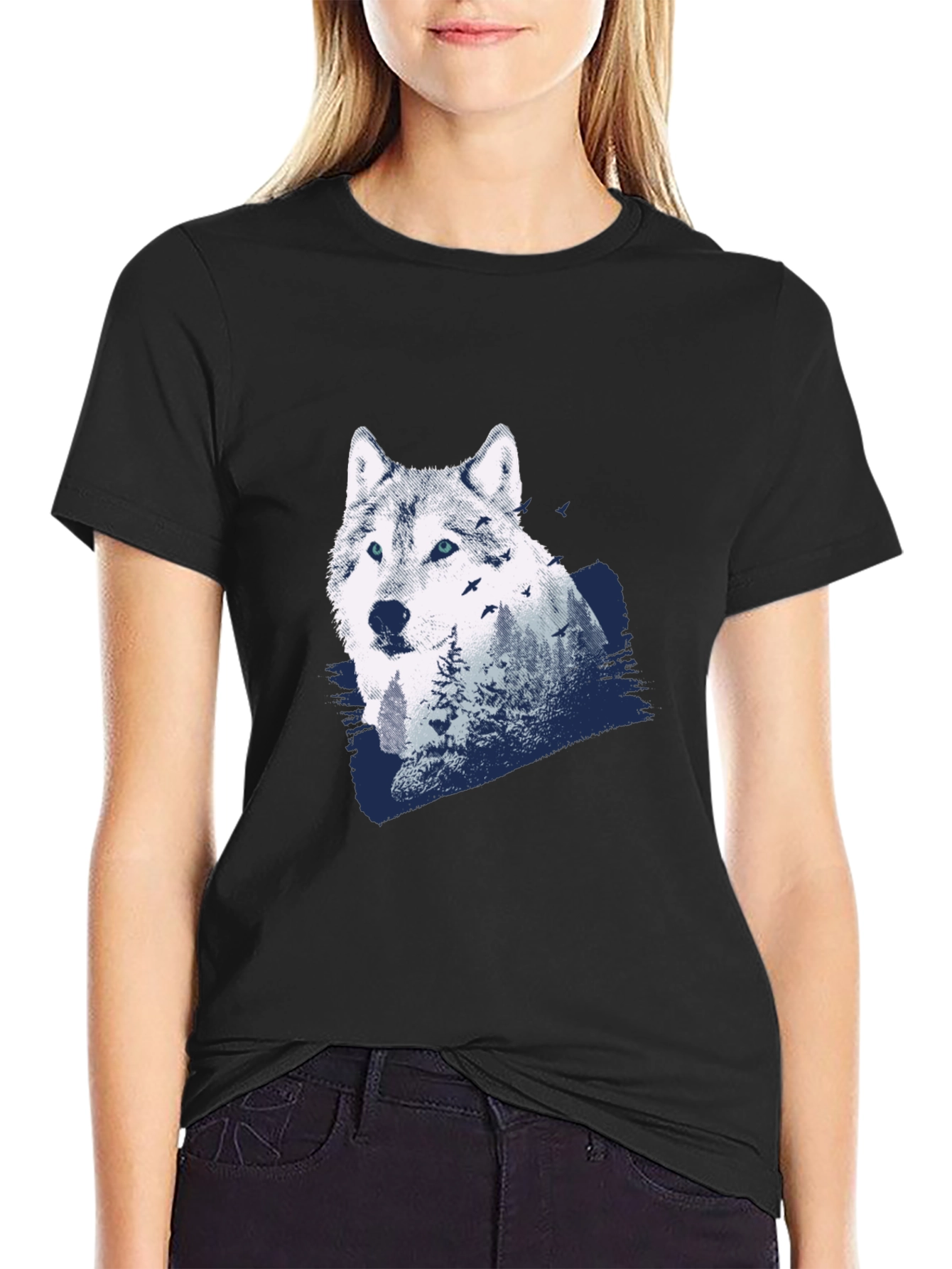 Wolf Nature Scene Graphic Tee - Black