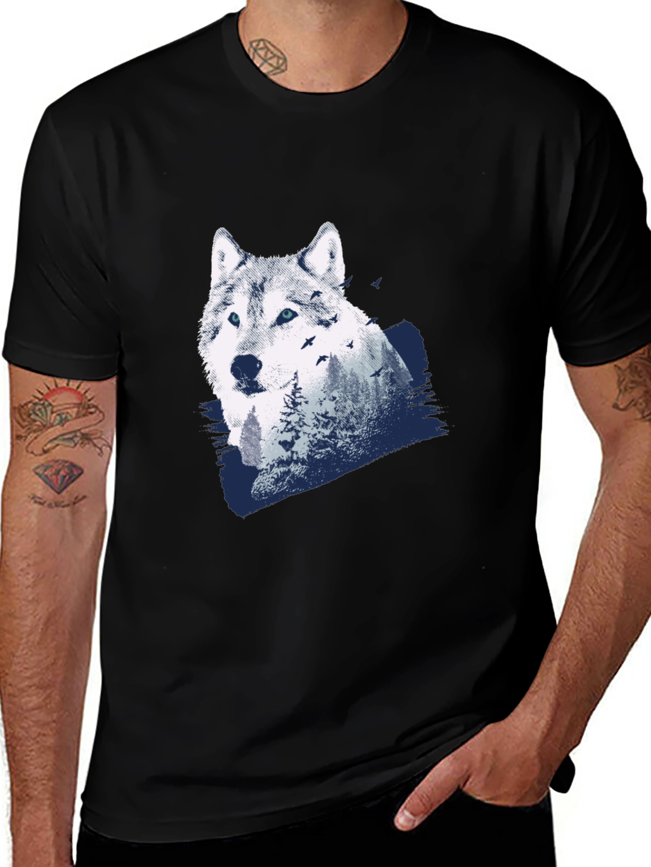 Wolf Nature Scene Graphic Tee - Black