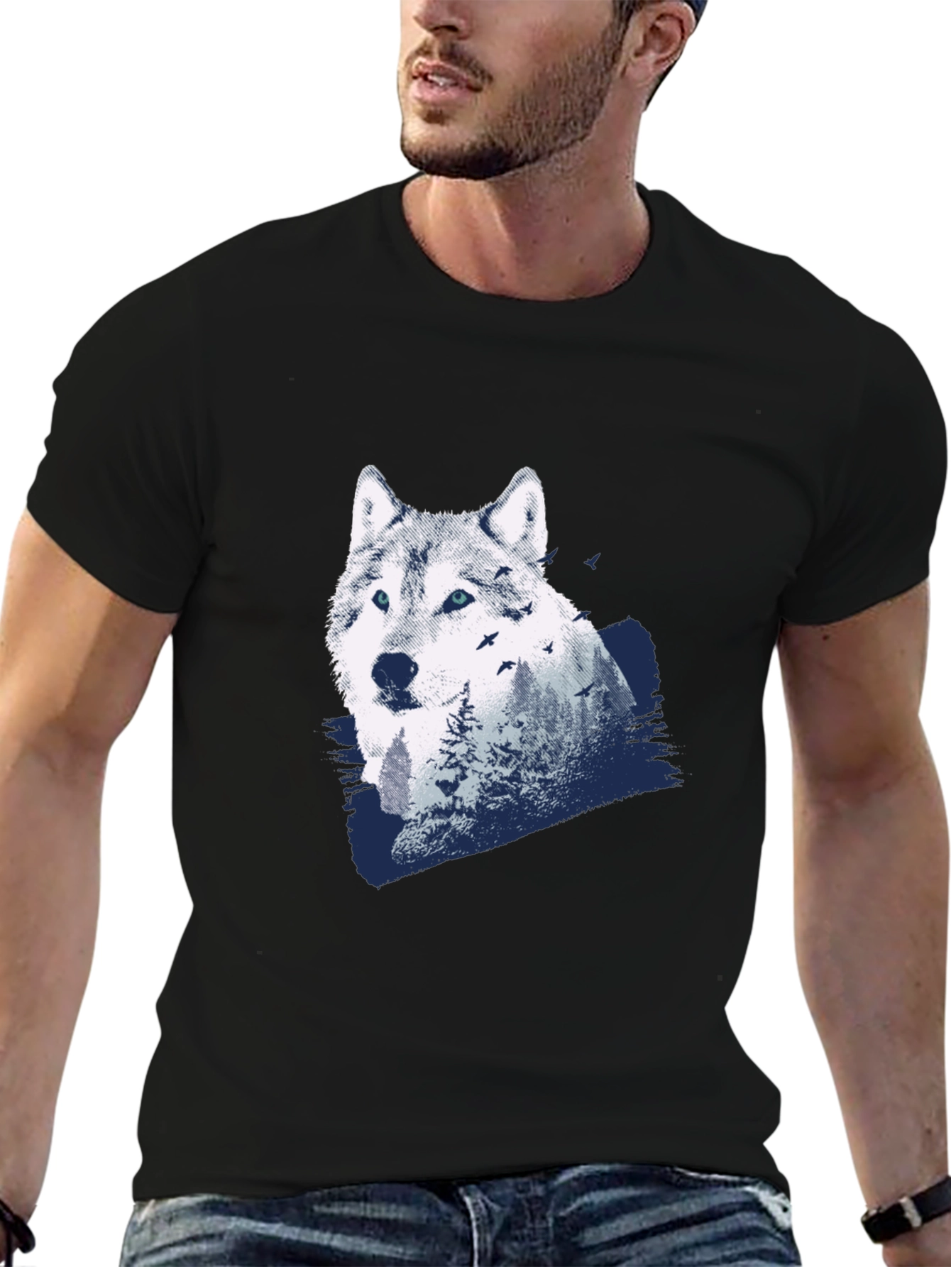 Wolf Nature Scene Graphic Tee - Black