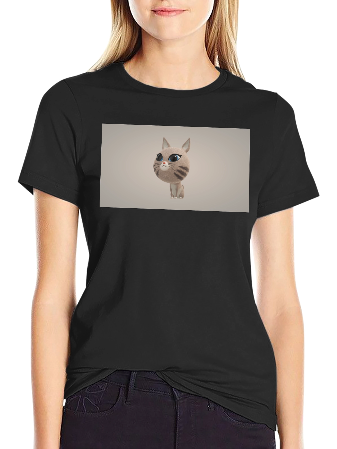 Cute Cat Cartoon Graphic Black T-Shirt
