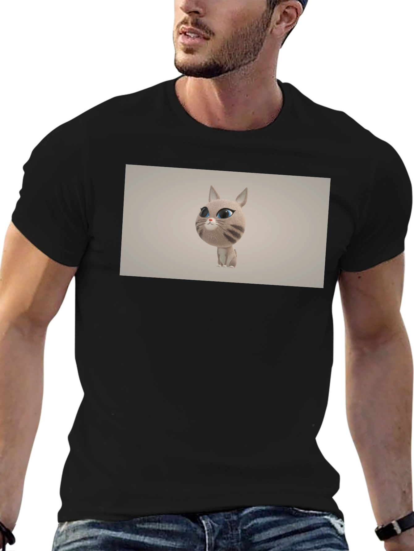 Cute Cat Cartoon Graphic Black T-Shirt