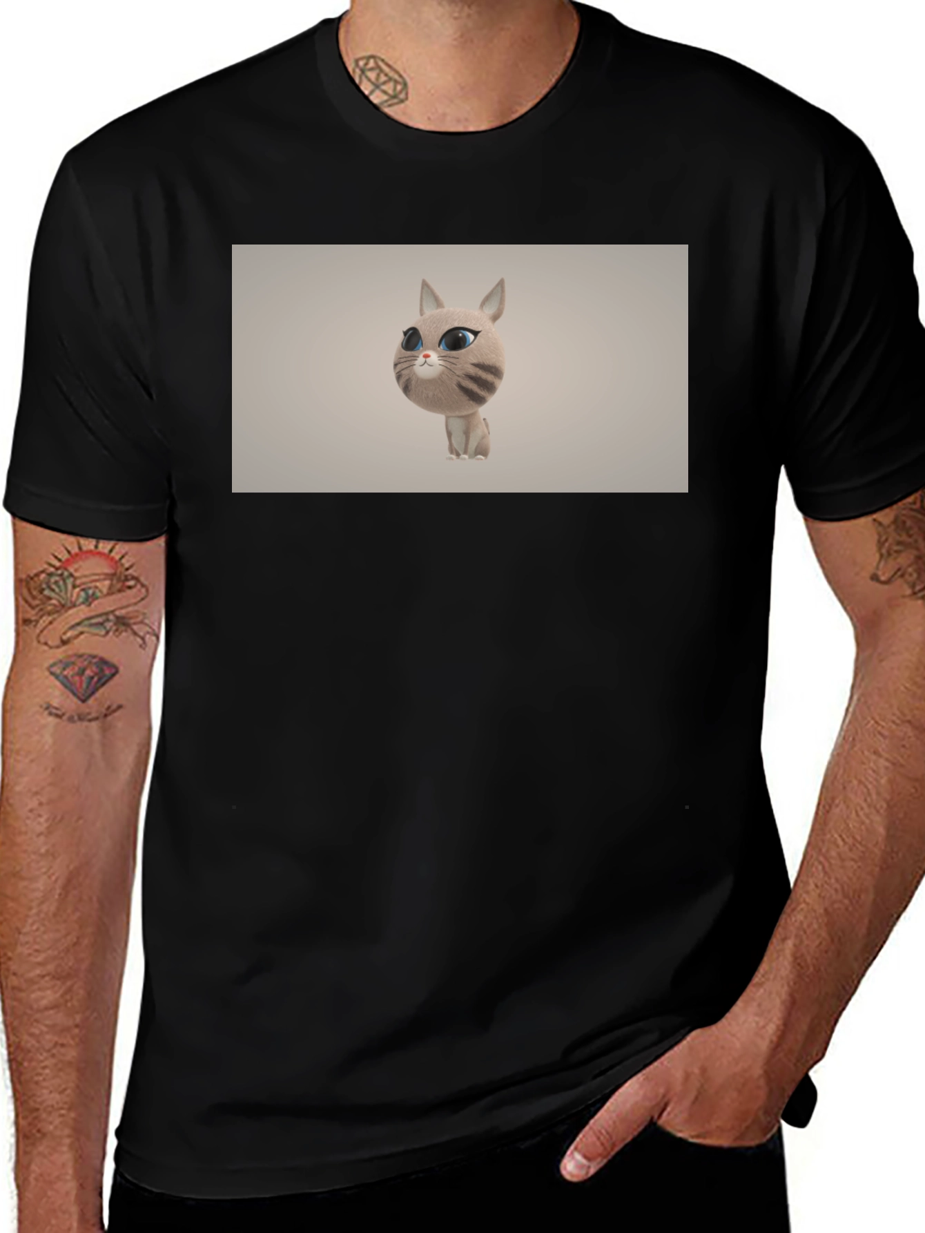 Cute Cat Cartoon Graphic Black T-Shirt