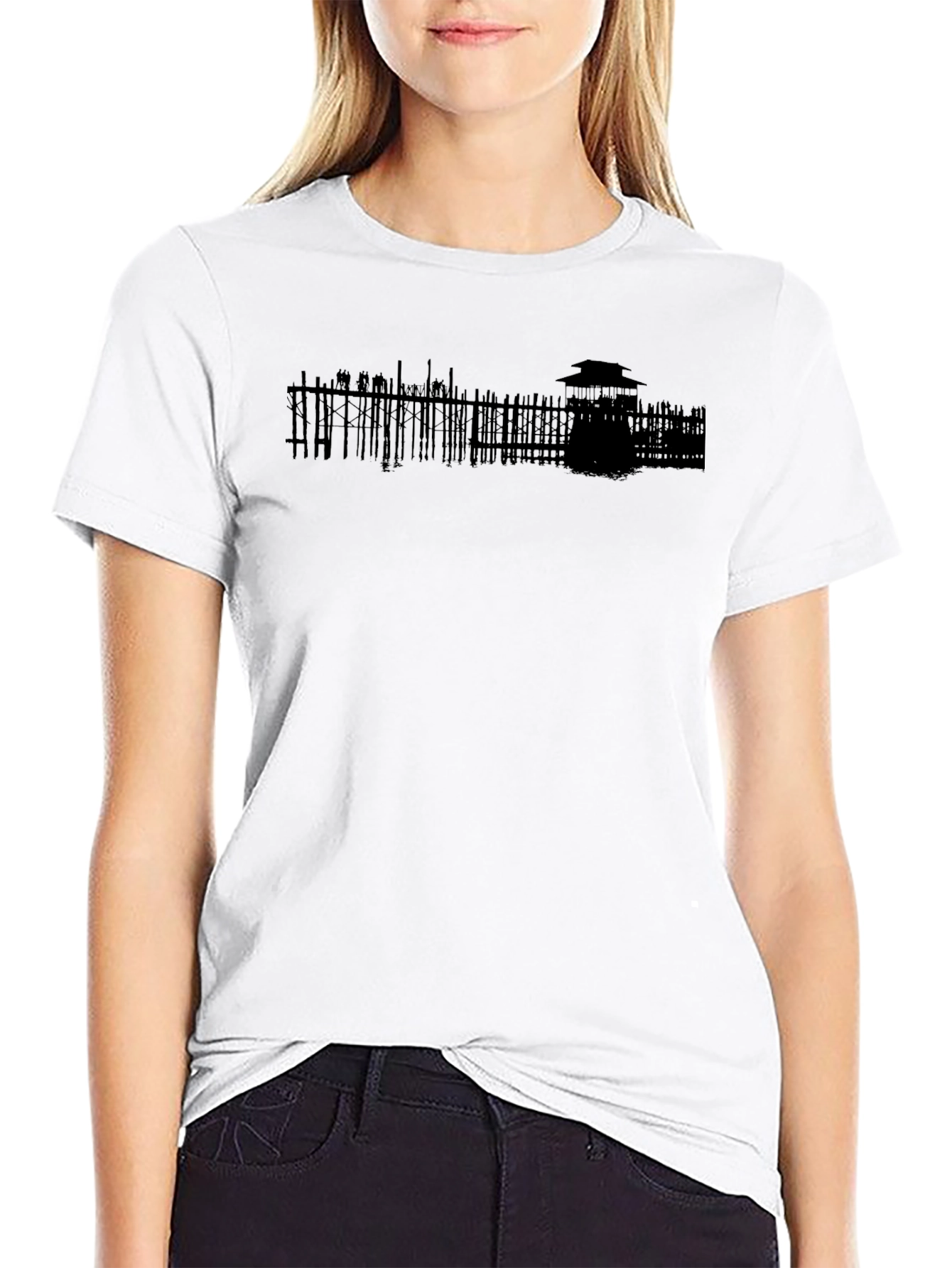Mens Black T-Shirt with Architectural Silhouette Design