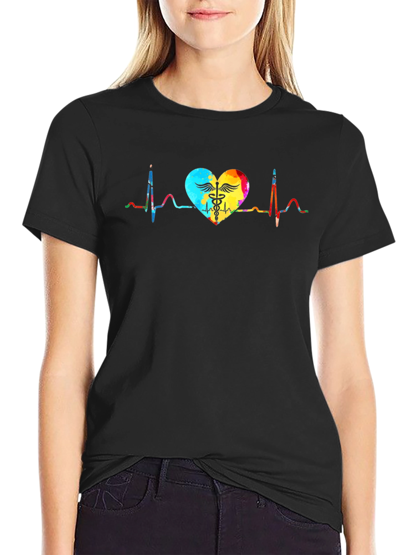 Heartbeat Caduceus Graphic T-Shirt - Black
