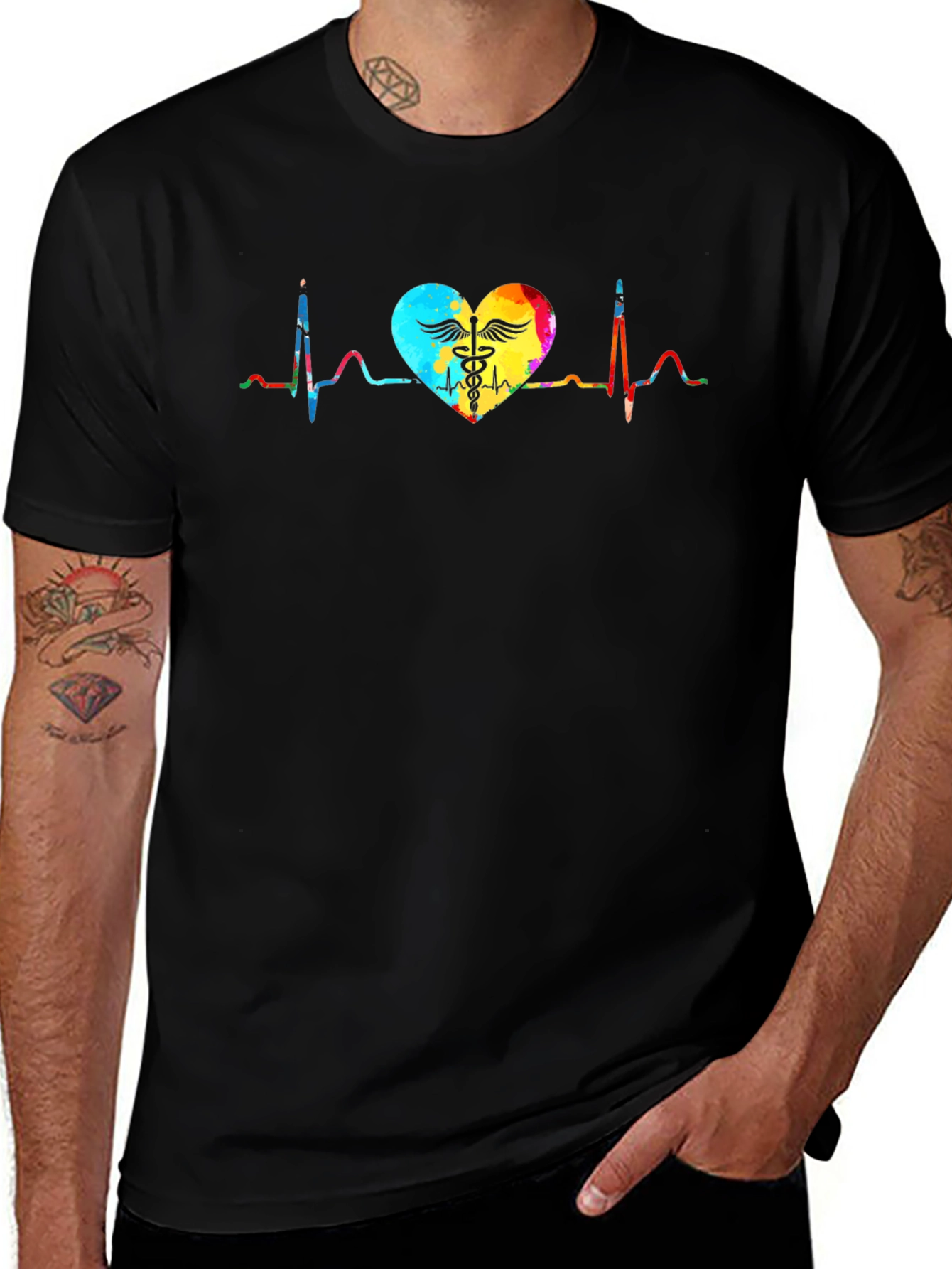 Heartbeat Caduceus Graphic T-Shirt - Black