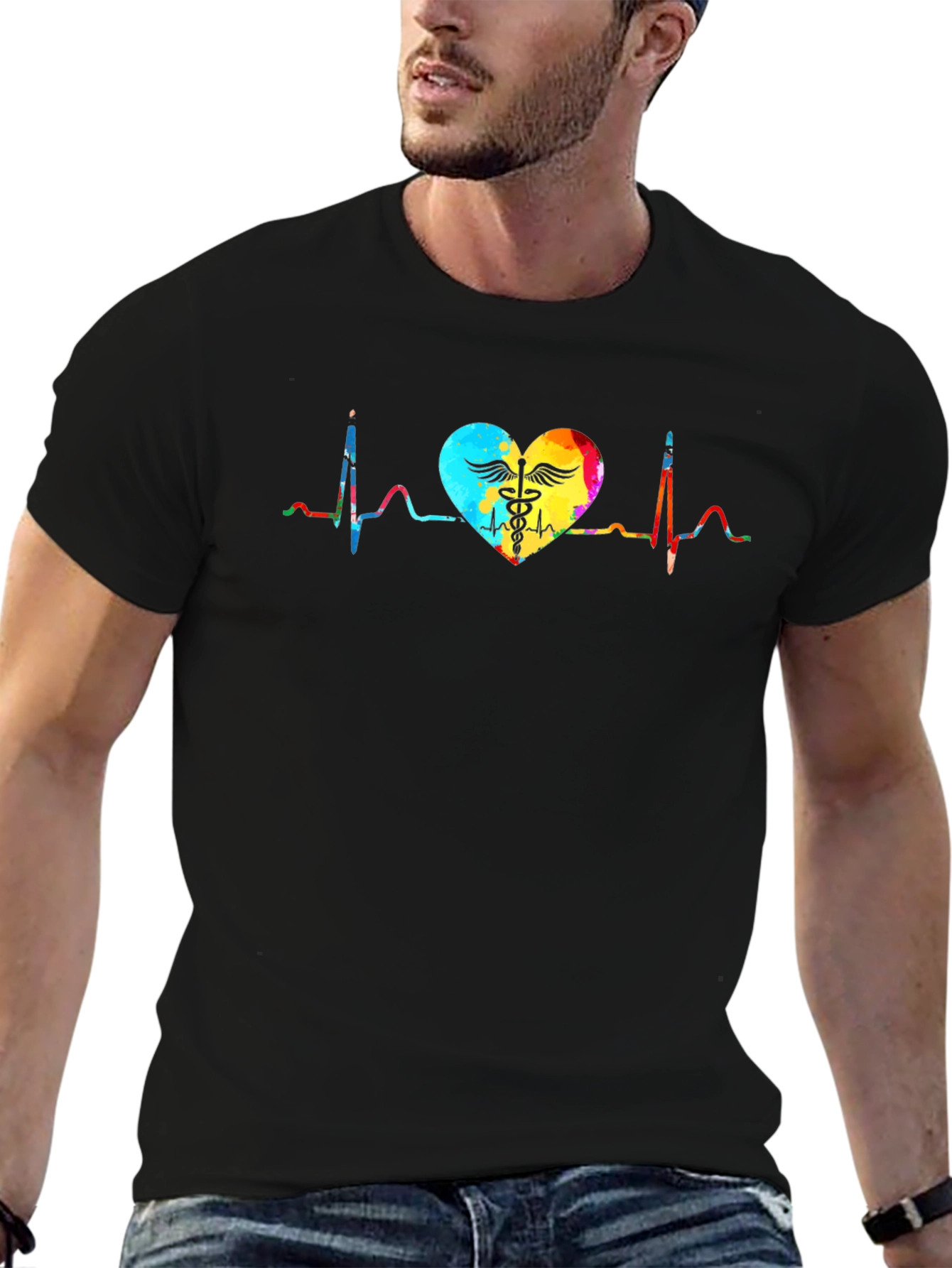 Heartbeat Caduceus Graphic T-Shirt - Black