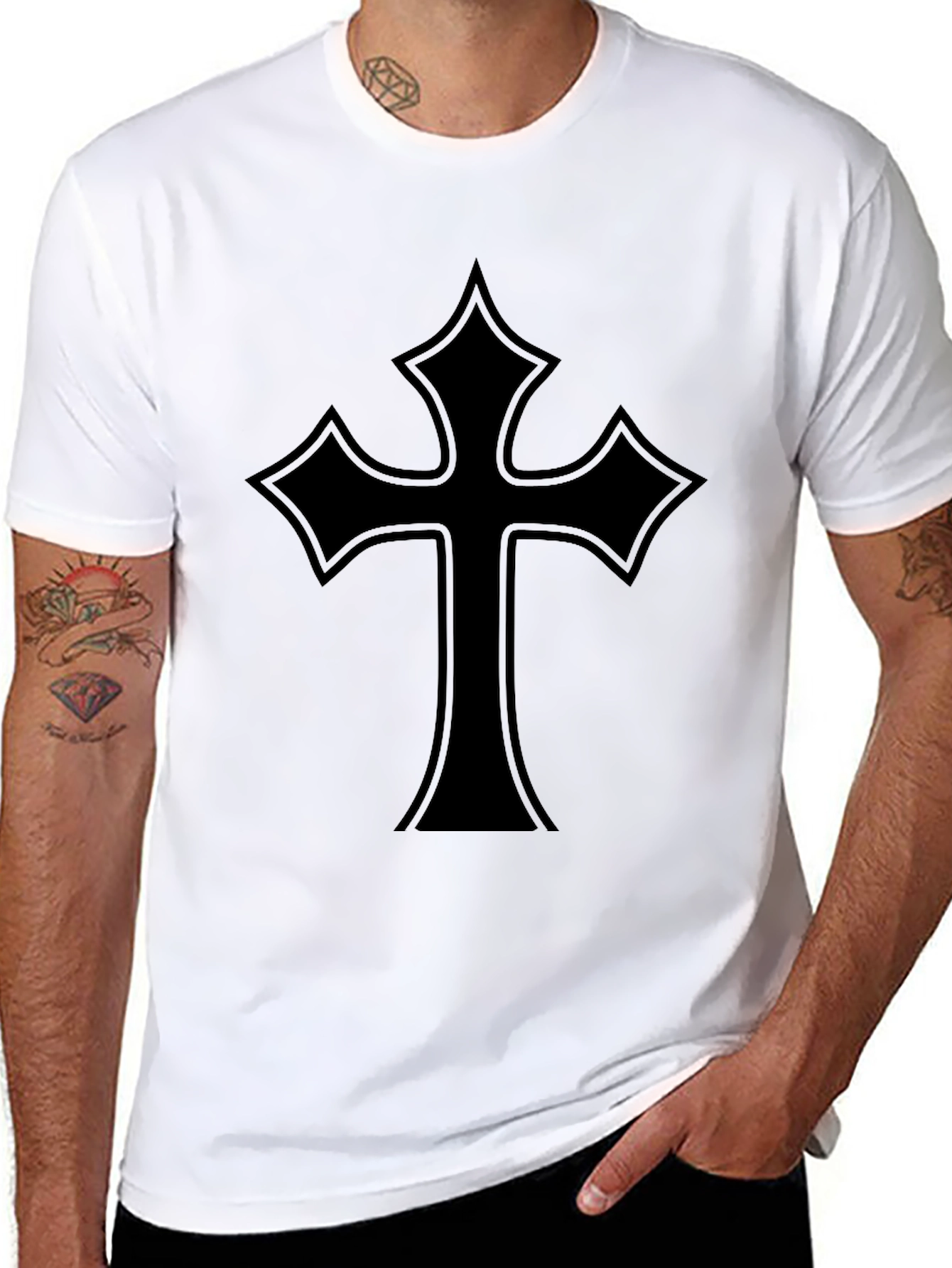 Mens Black T-Shirt with Gothic Cross Design