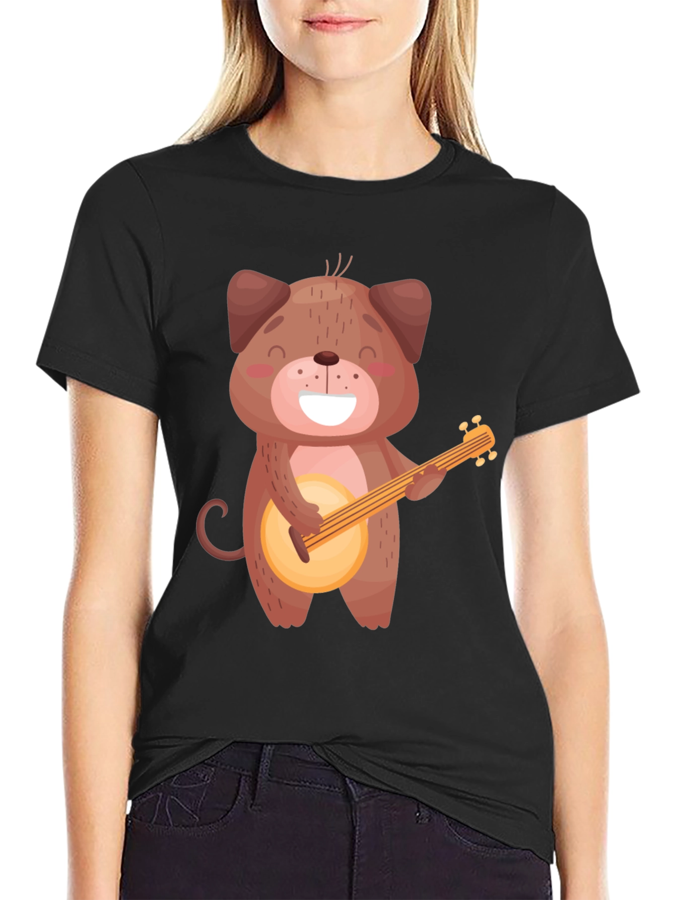 Dog Playing Banjo T-Shirt - Black Cotton Tee