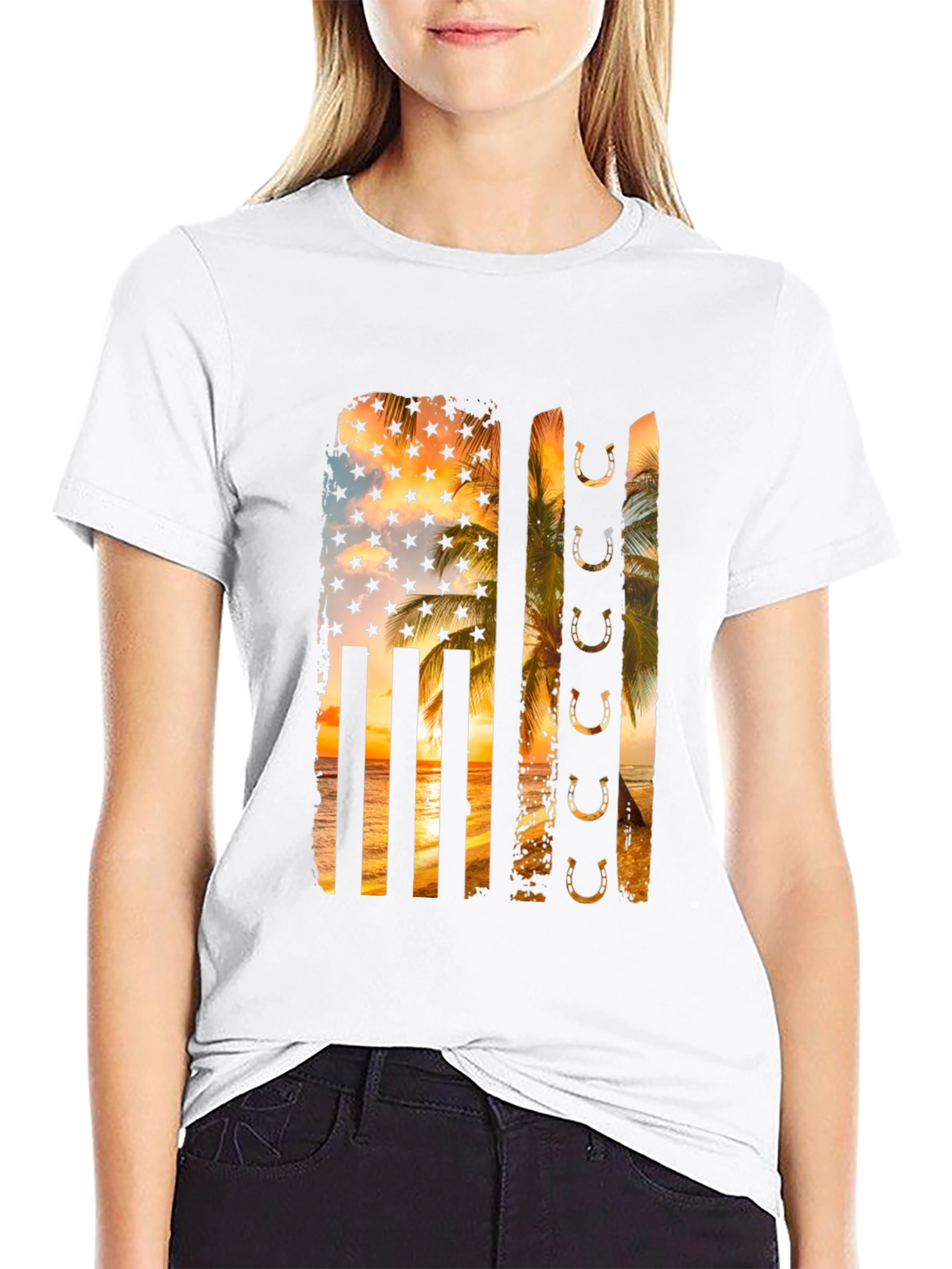 Tropical American Flag Horseshoe Graphic Tee