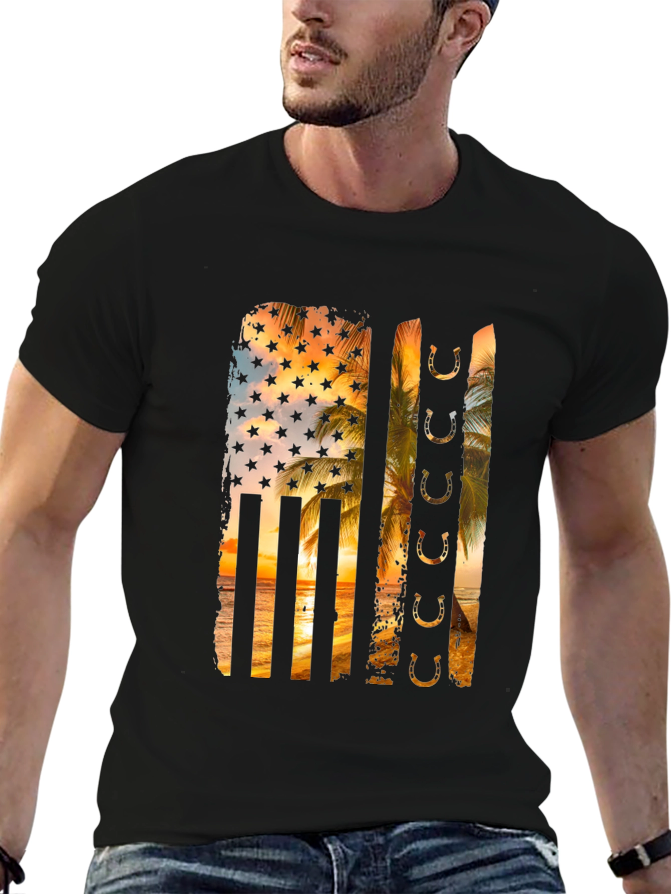Tropical American Flag Horseshoe Graphic Tee