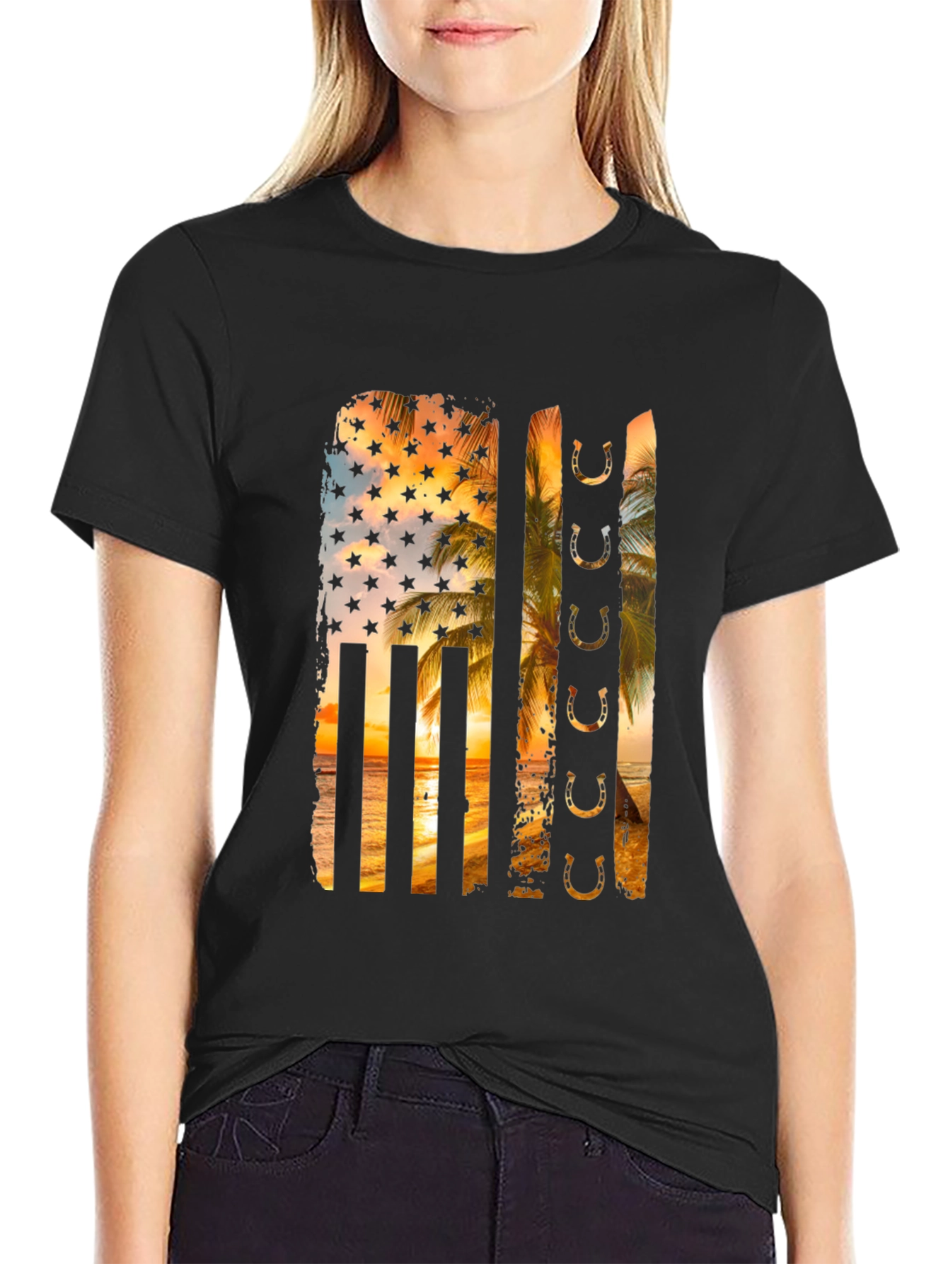 Tropical American Flag Horseshoe Graphic Tee