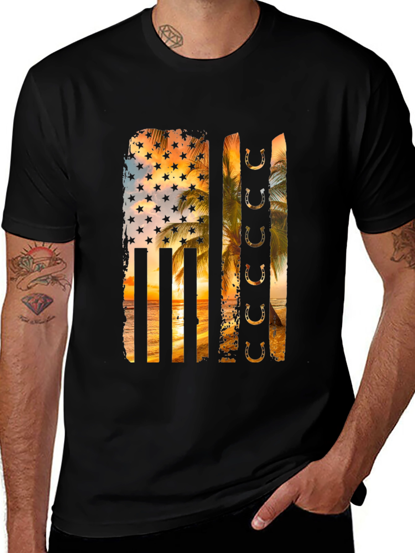 Tropical American Flag Horseshoe Graphic Tee