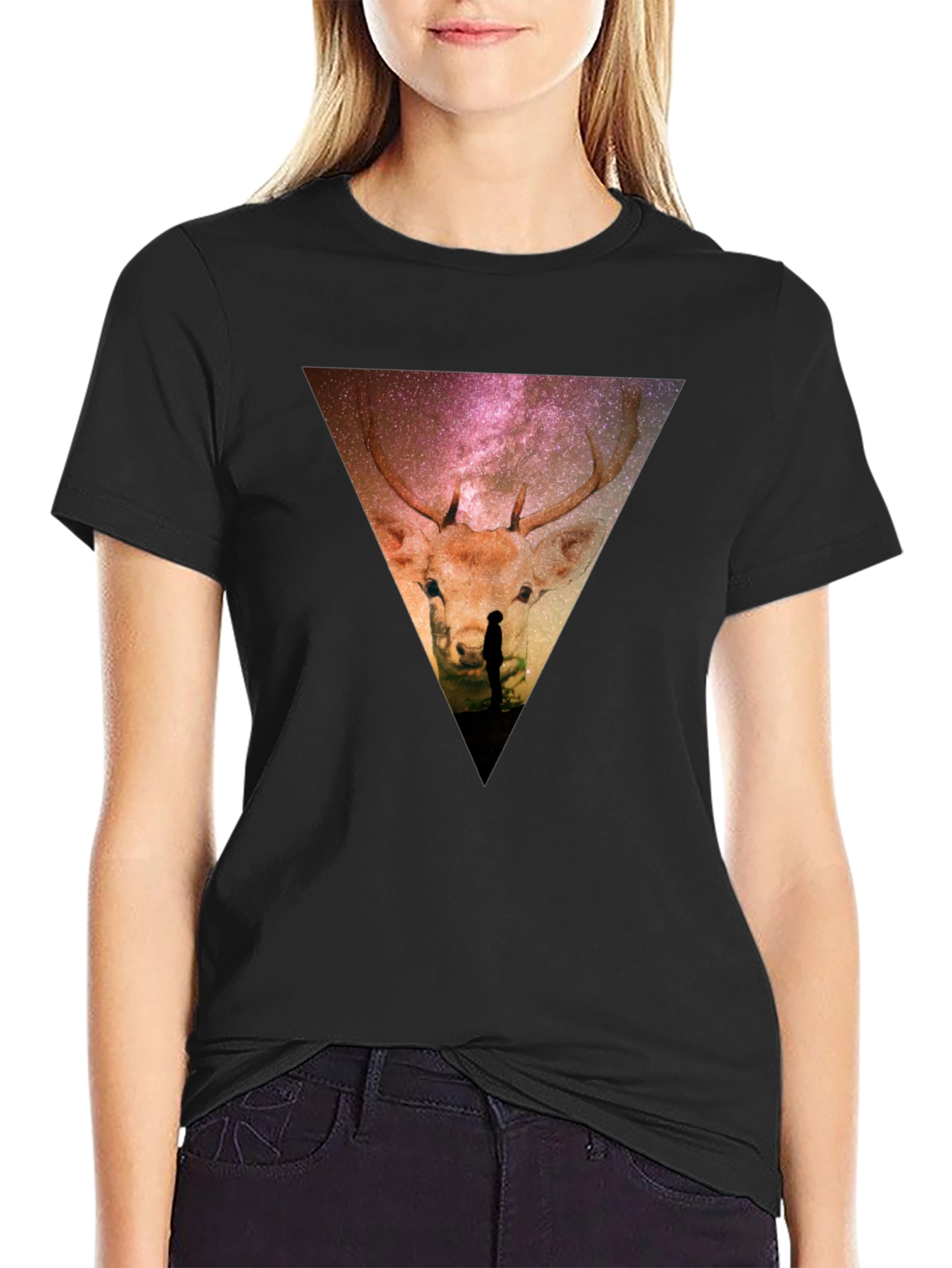 Cosmic Deer Graphic Tee - Black Casual Shirt
