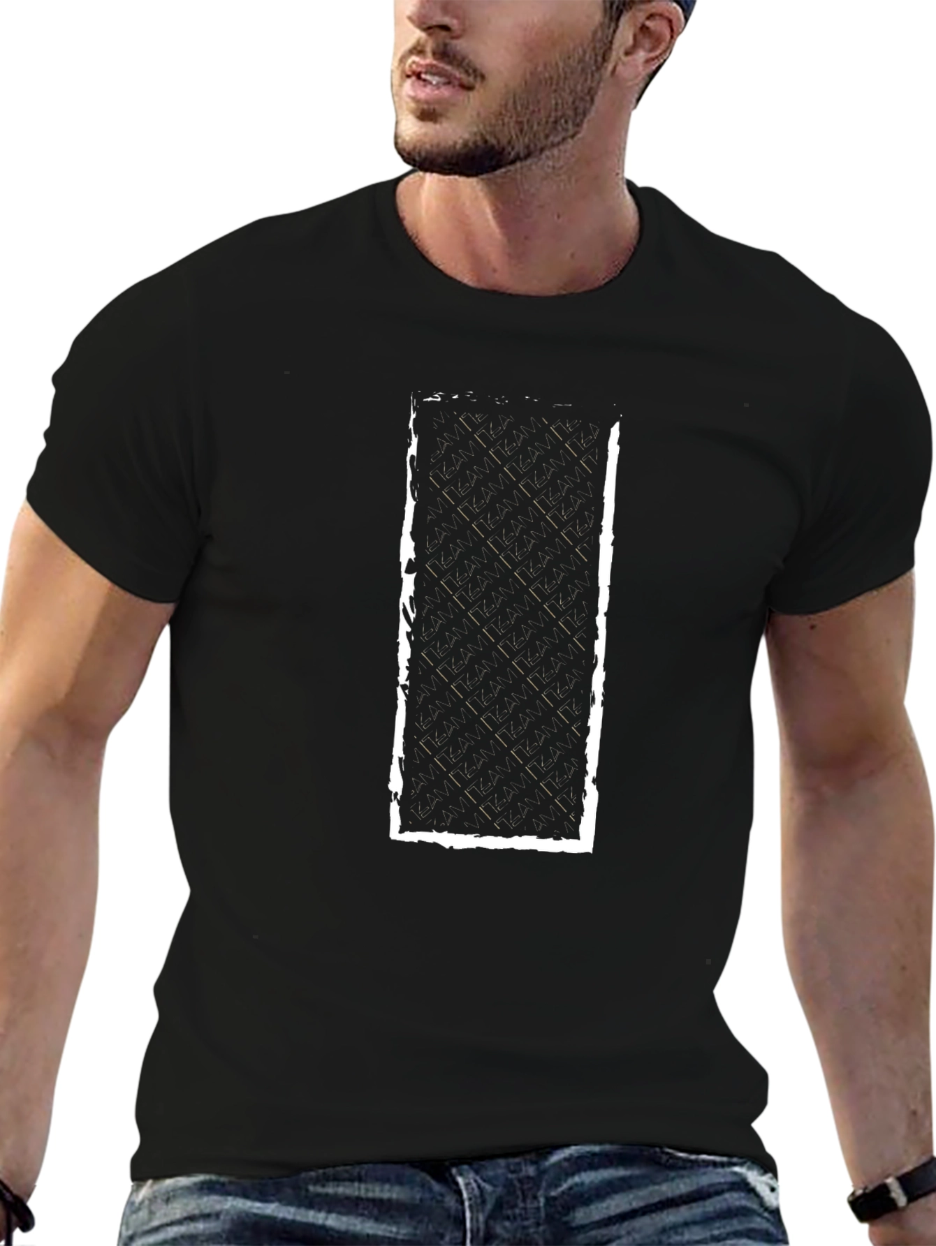 Mens Black T-Shirt with Distressed Geometric Design