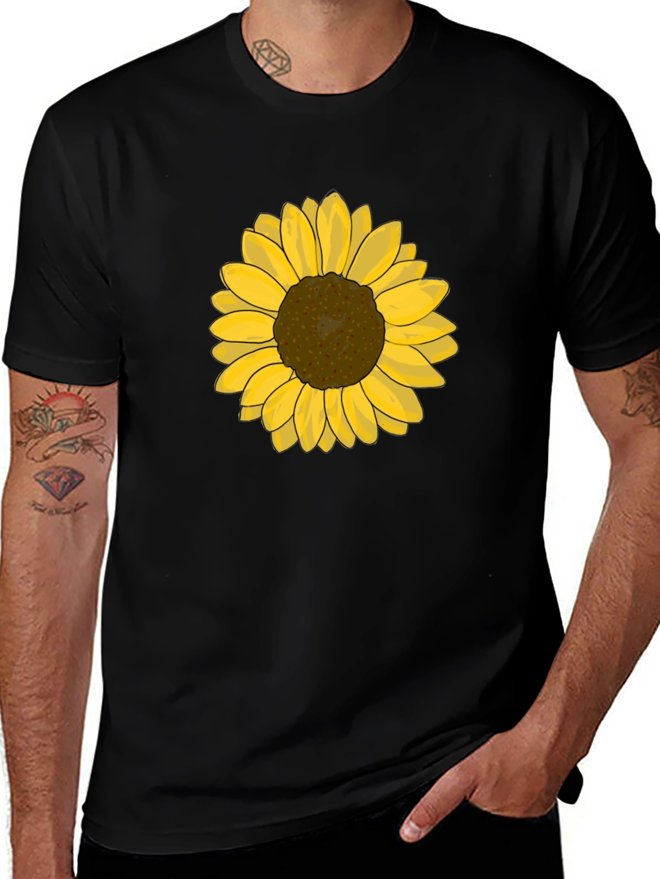 Sunflower Graphic Tee - Black Cotton Casual T-Shirt