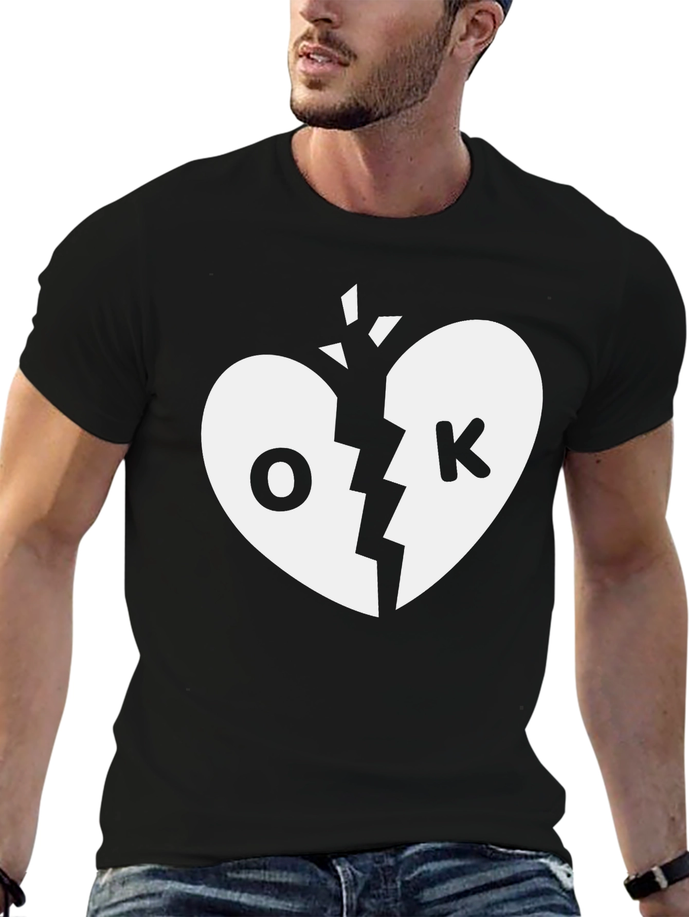 Broken Heart OK Graphic Tee - Black Cotton T-Shirt