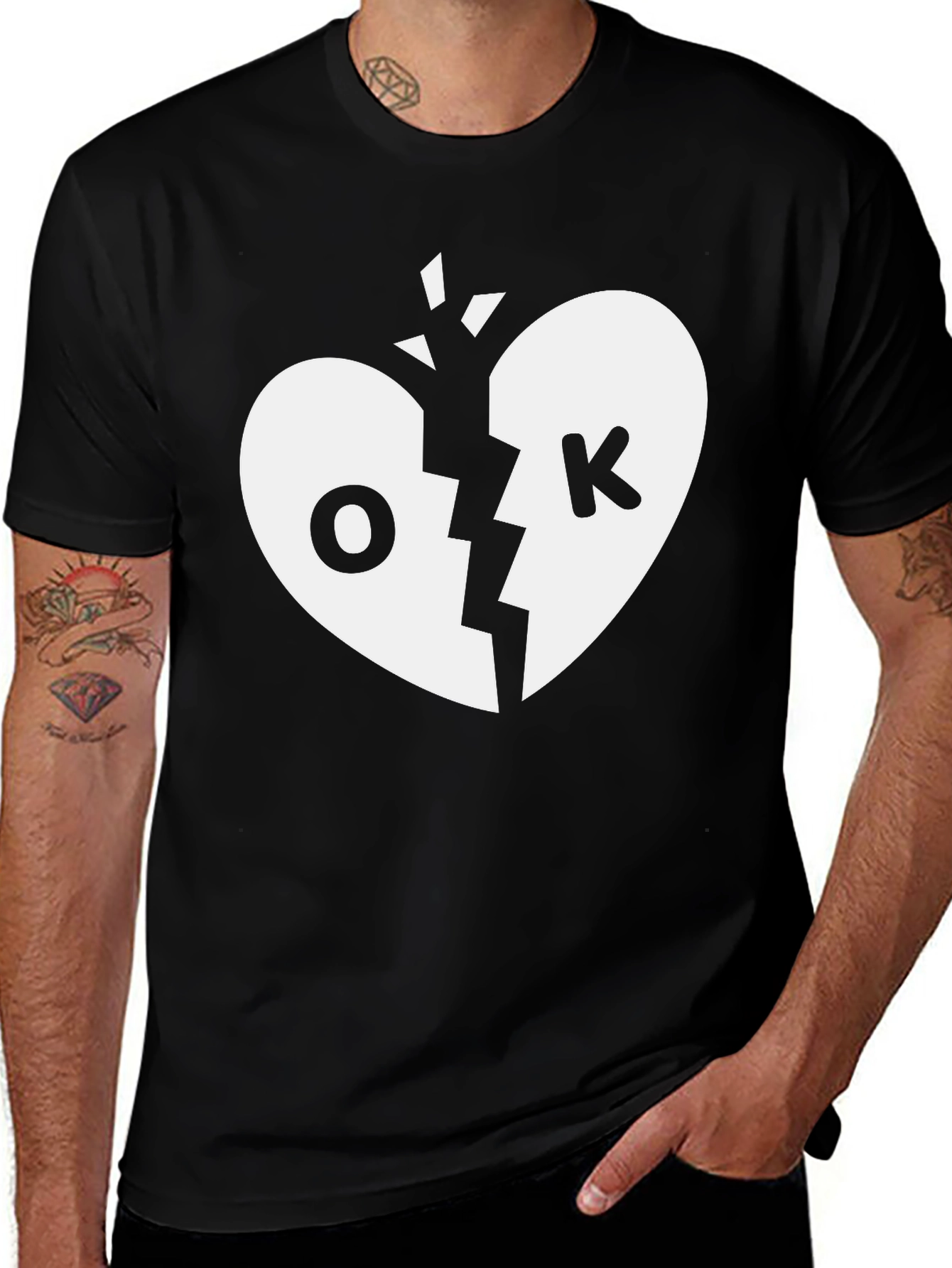 Broken Heart OK Graphic Tee - Black Cotton T-Shirt