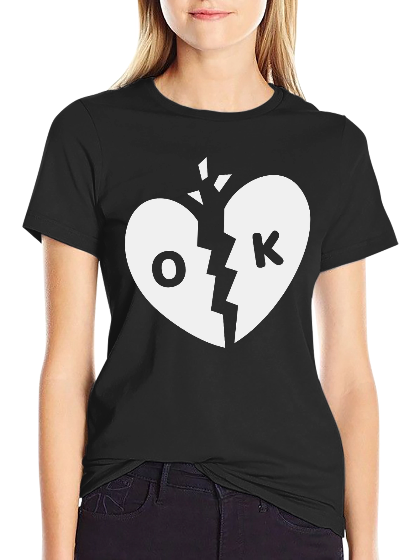 Broken Heart OK Graphic Tee - Black Cotton T-Shirt