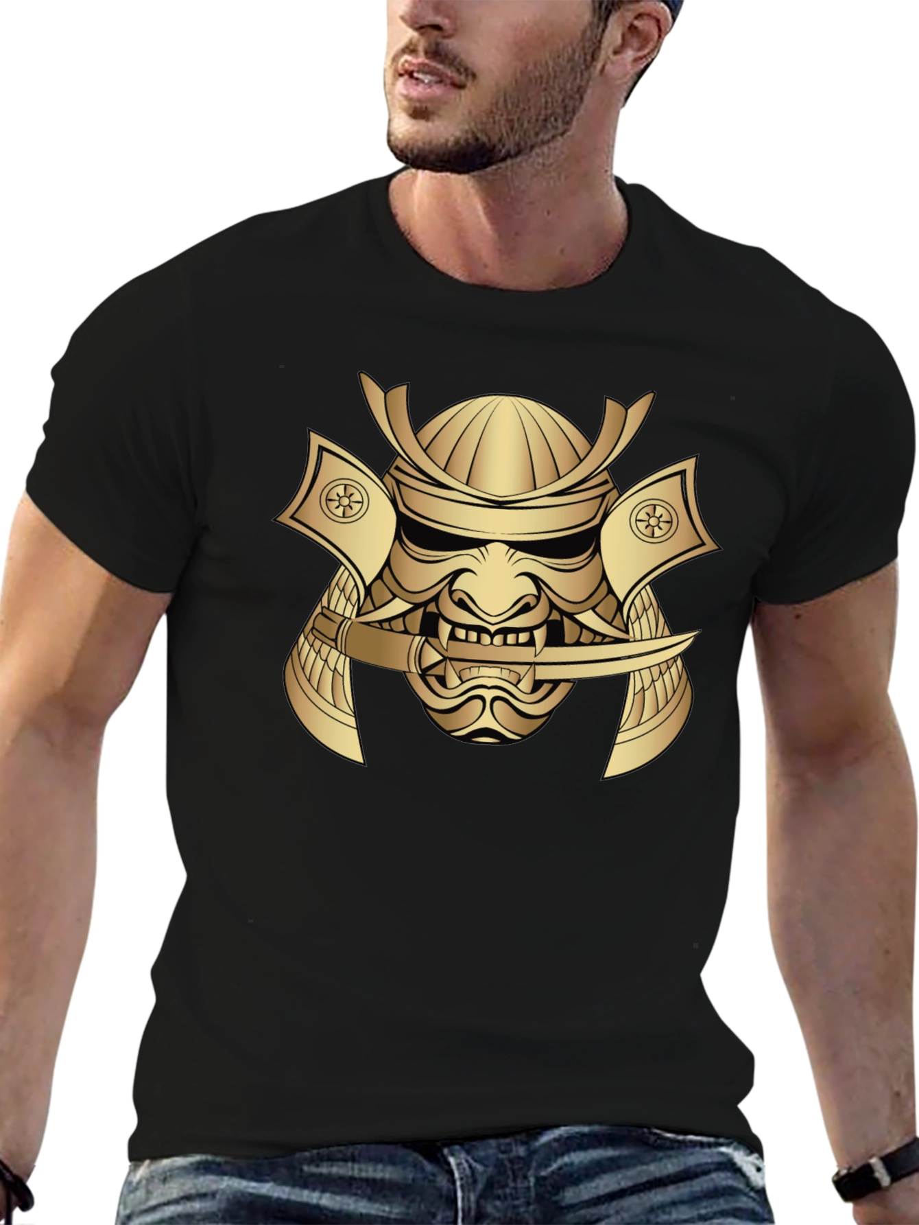 Samurai Mask Graphic Tee - Bold Gold Print