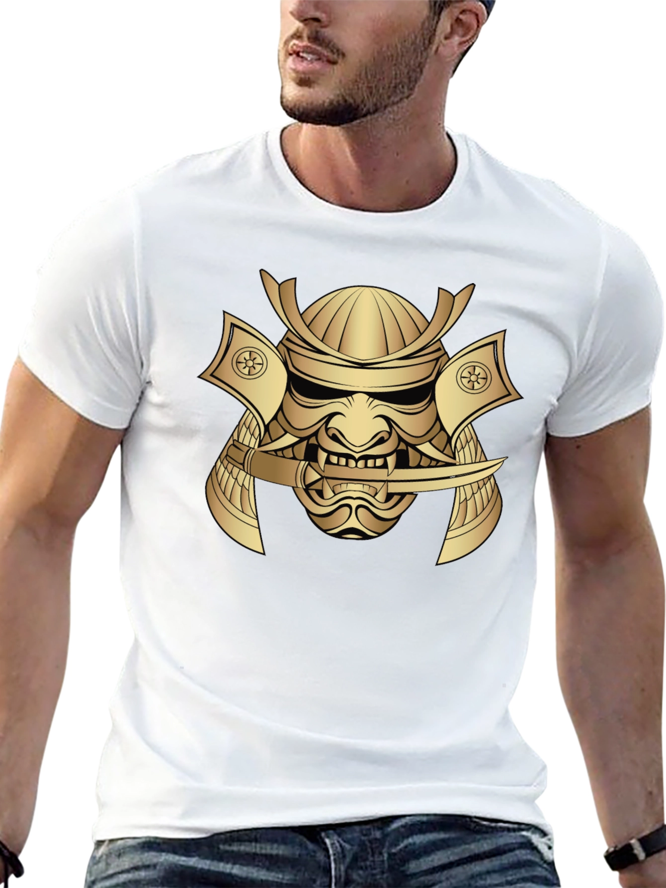 Samurai Mask Graphic Tee - Bold Gold Print