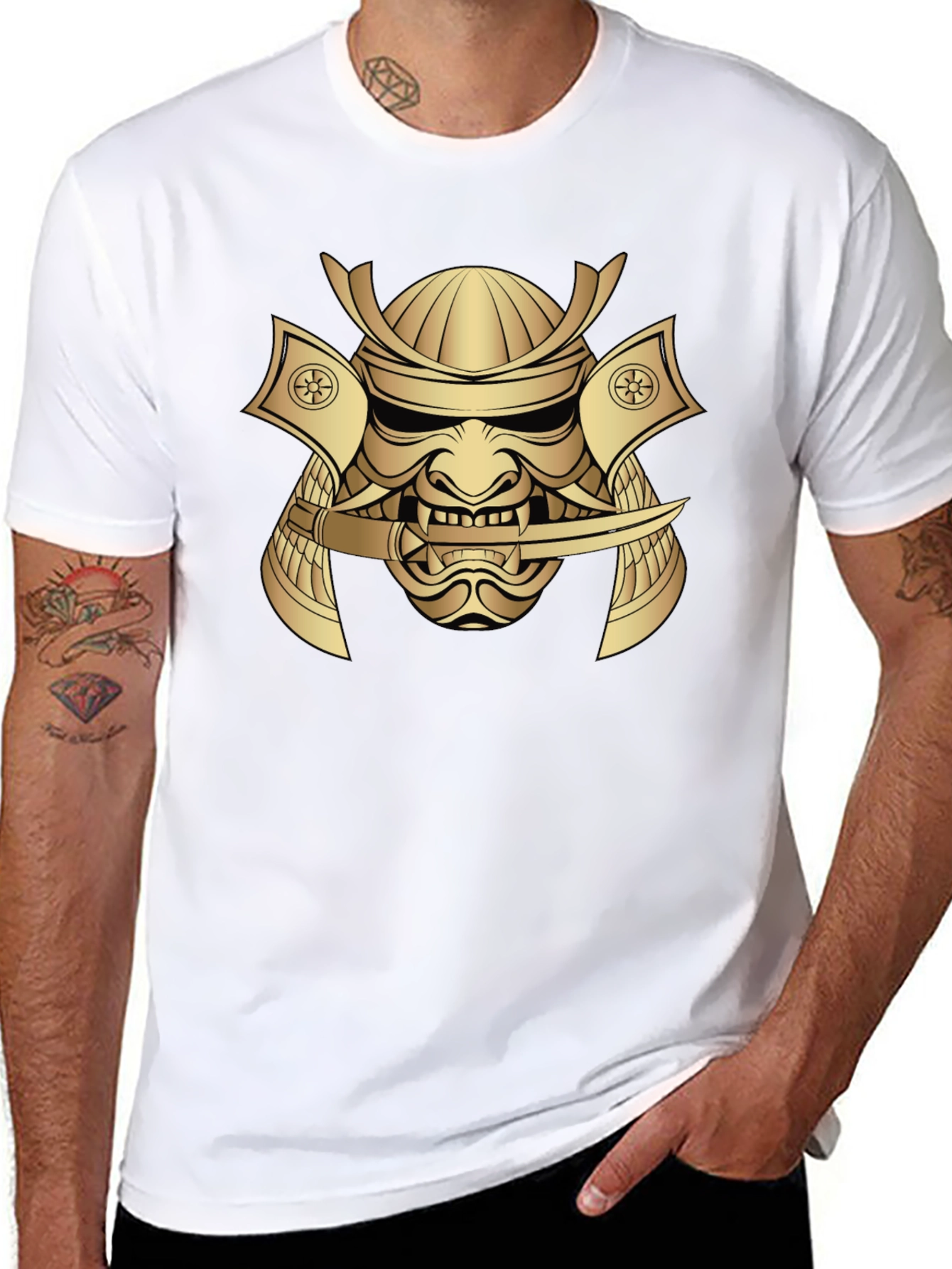 Samurai Mask Graphic Tee - Bold Gold Print