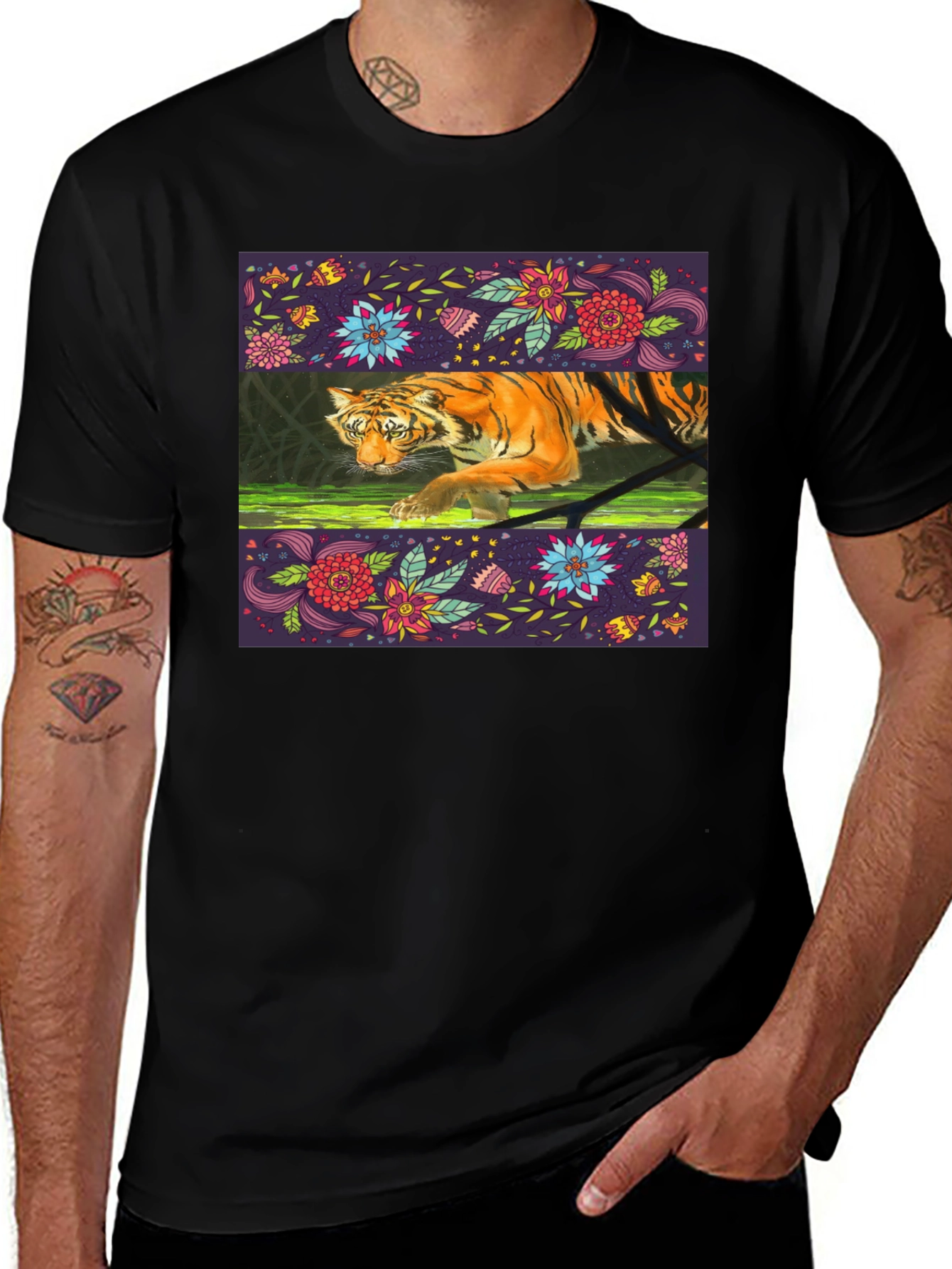 Floral Tiger Graphic Tee - Black Cotton