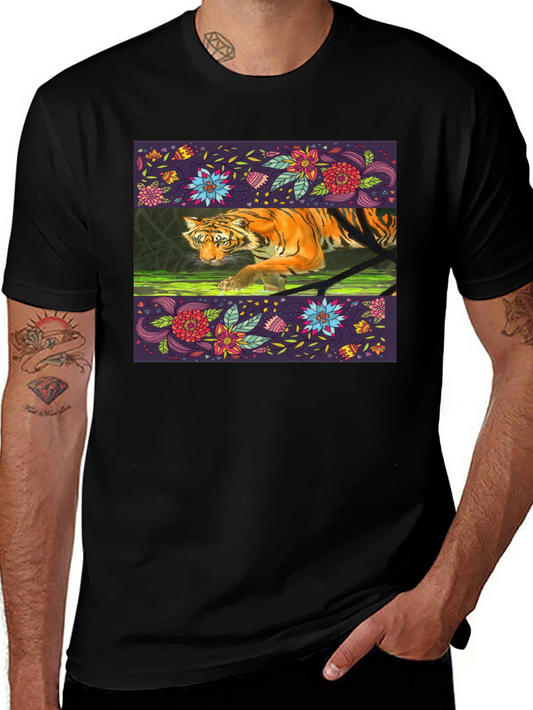 Floral Tiger Graphic Tee - Black Cotton