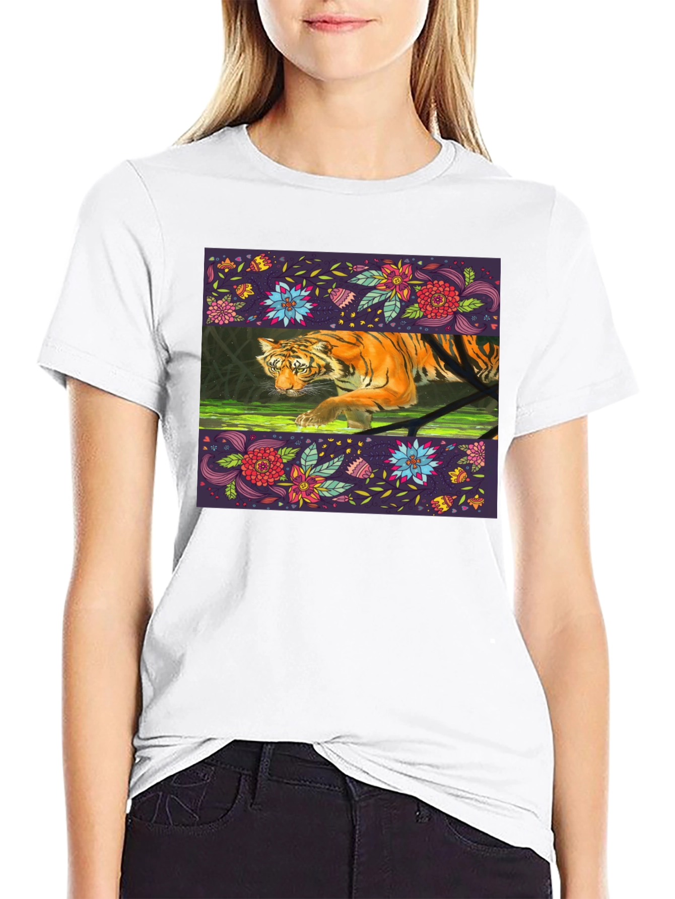 Floral Tiger Graphic Tee - Black Cotton