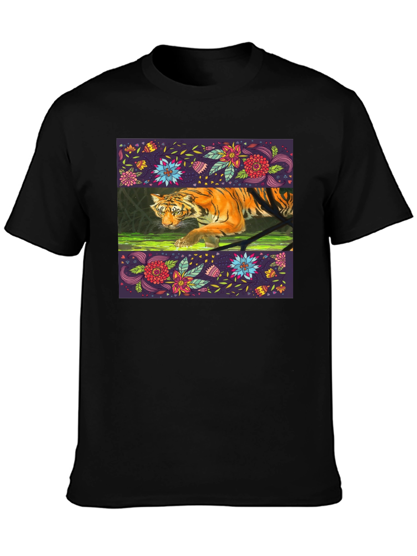 Floral Tiger Graphic Tee - Black Cotton