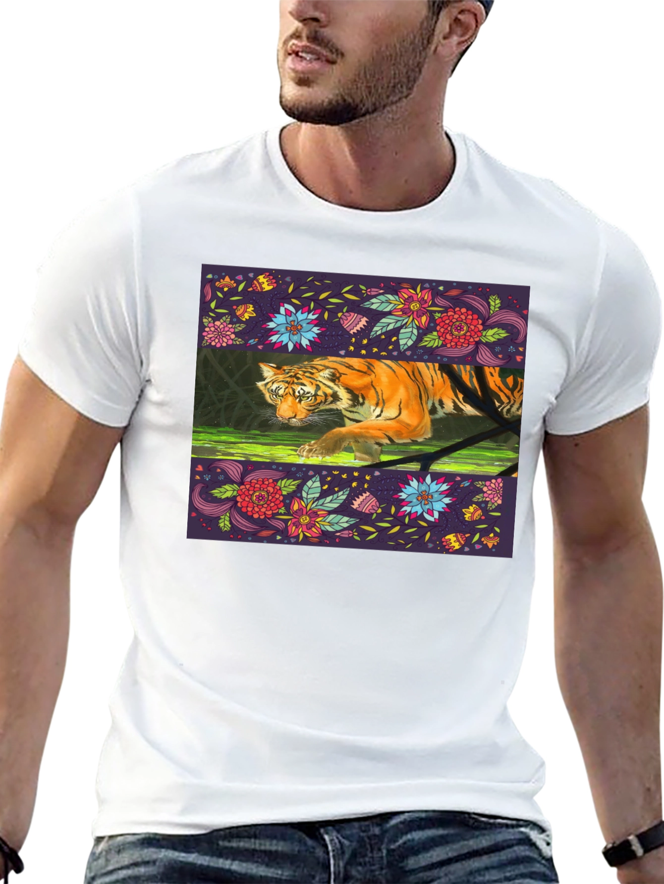 Floral Tiger Graphic Tee - Black Cotton