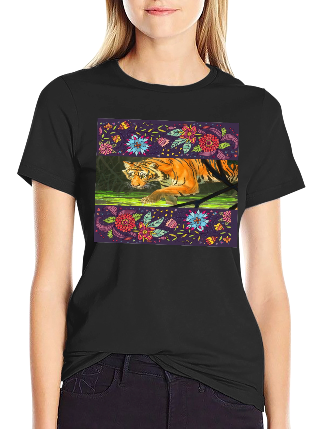 Floral Tiger Graphic Tee - Black Cotton