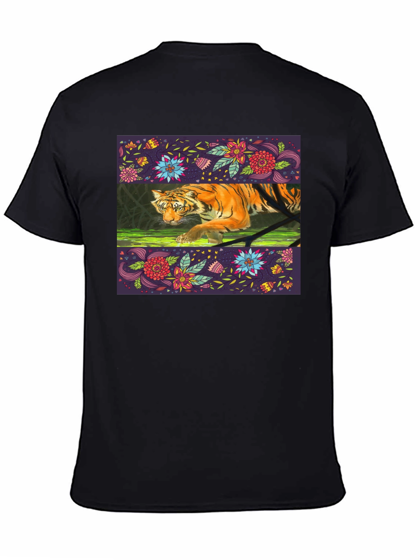 Floral Tiger Graphic Tee - Black Cotton