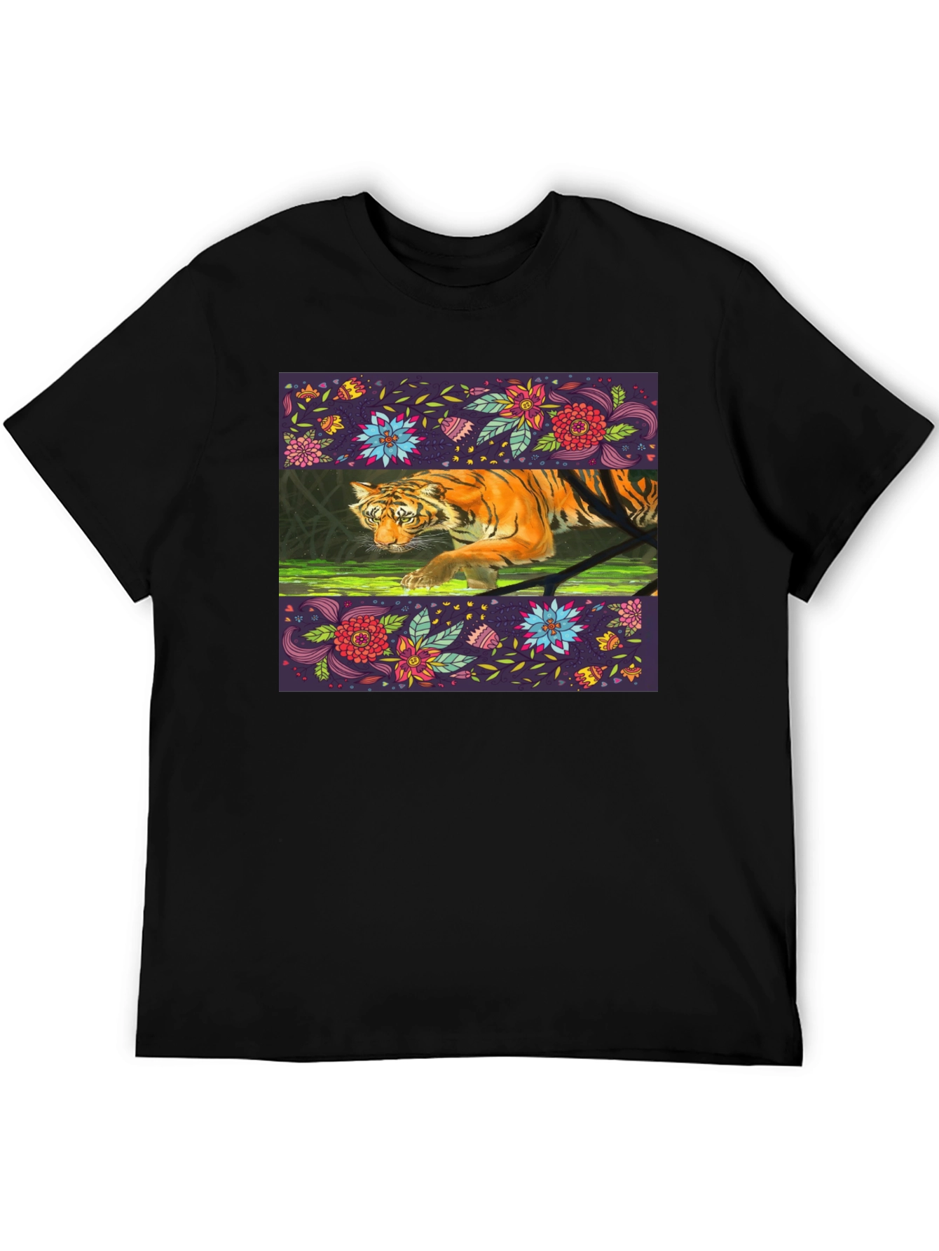 Floral Tiger Graphic Tee - Black Cotton