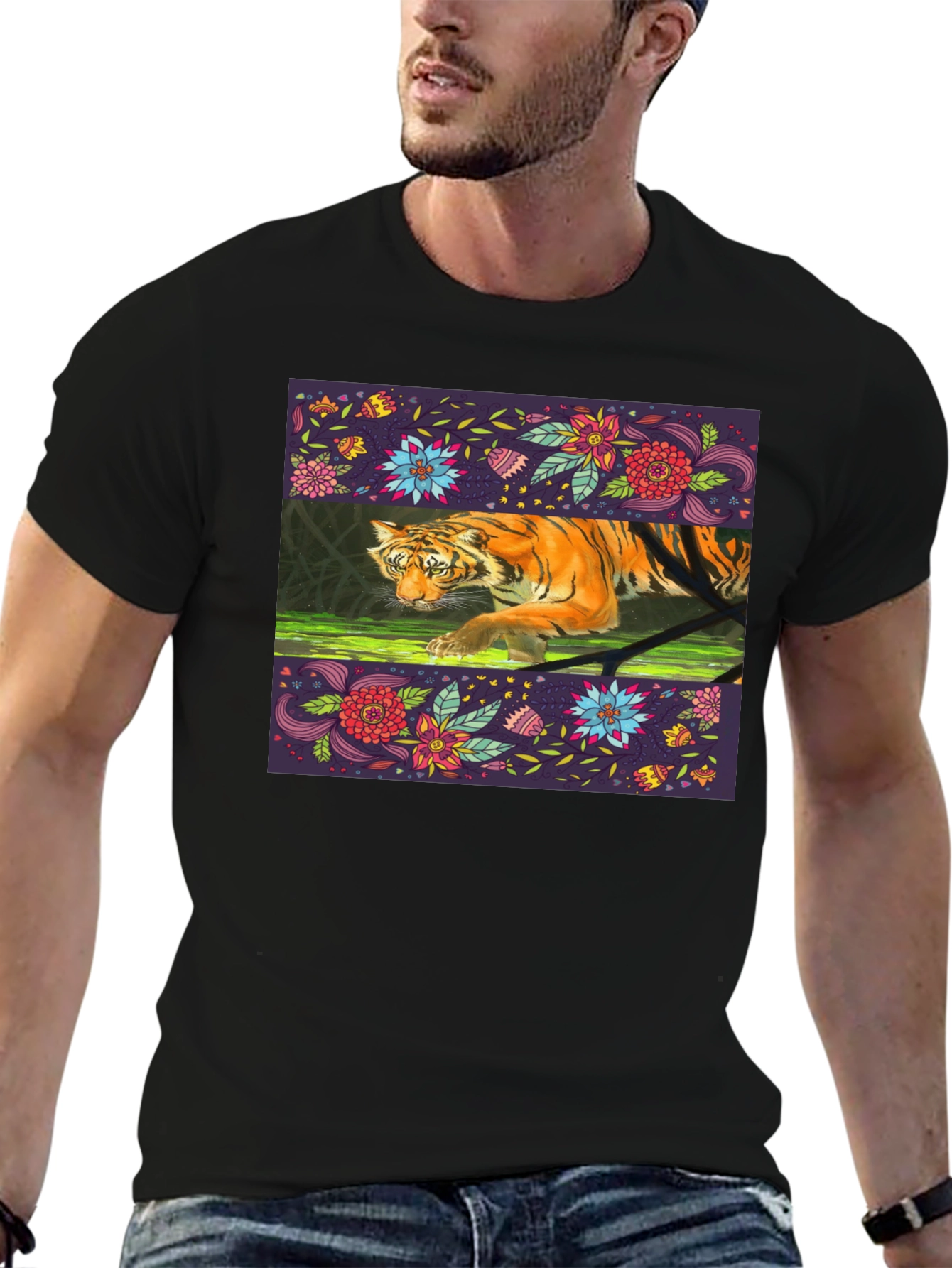 Floral Tiger Graphic Tee - Black Cotton