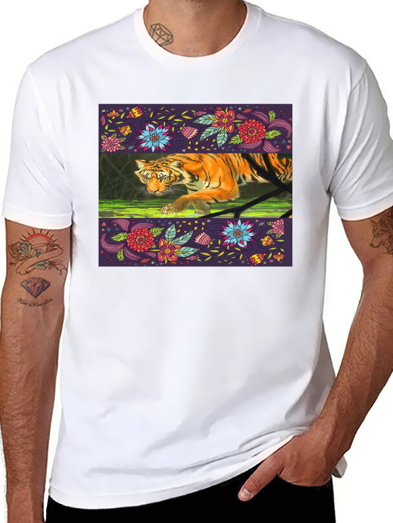 Floral Tiger Graphic Tee - Black Cotton