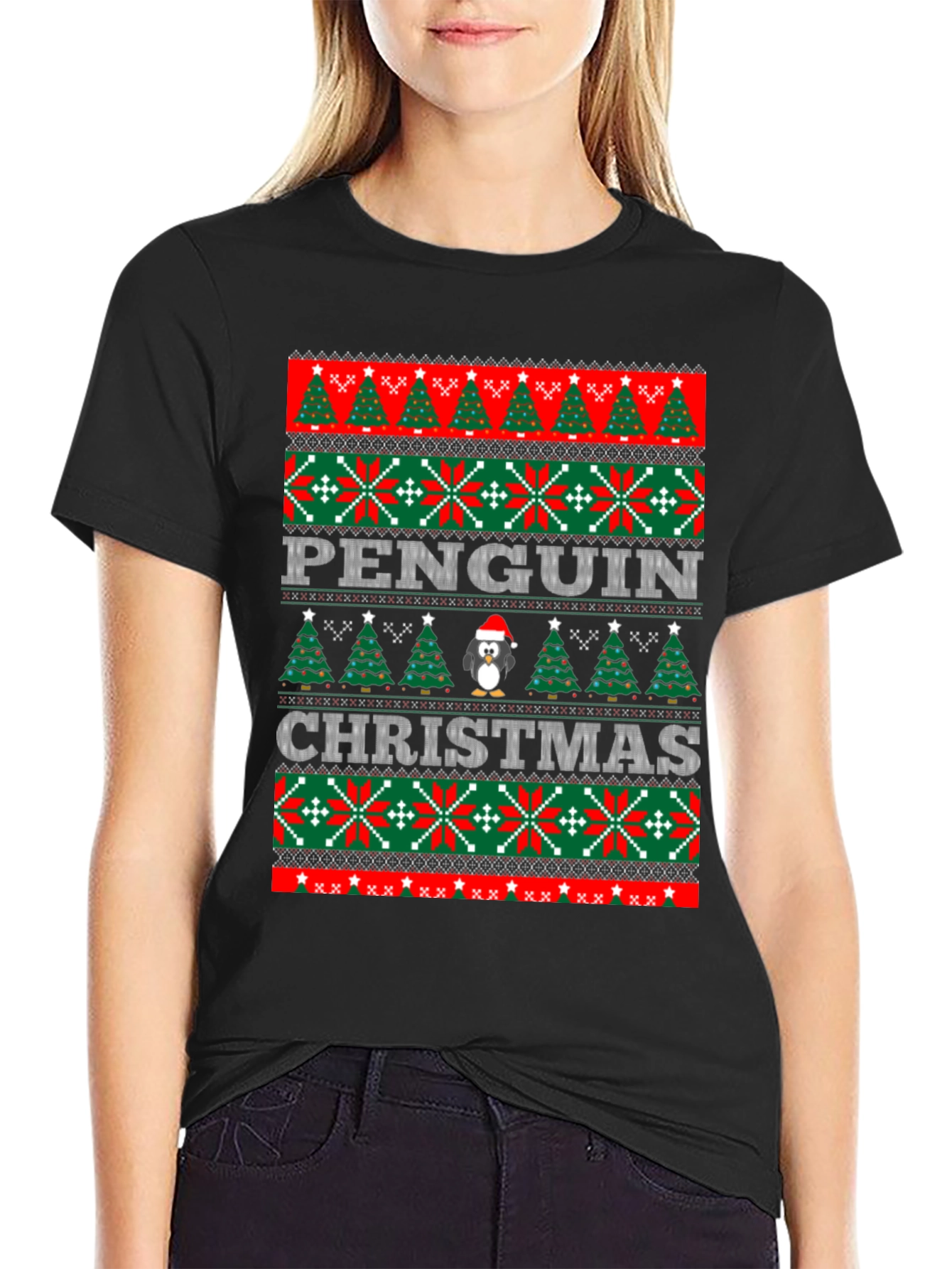 Penguin Christmas Sweater Pattern T-Shirt