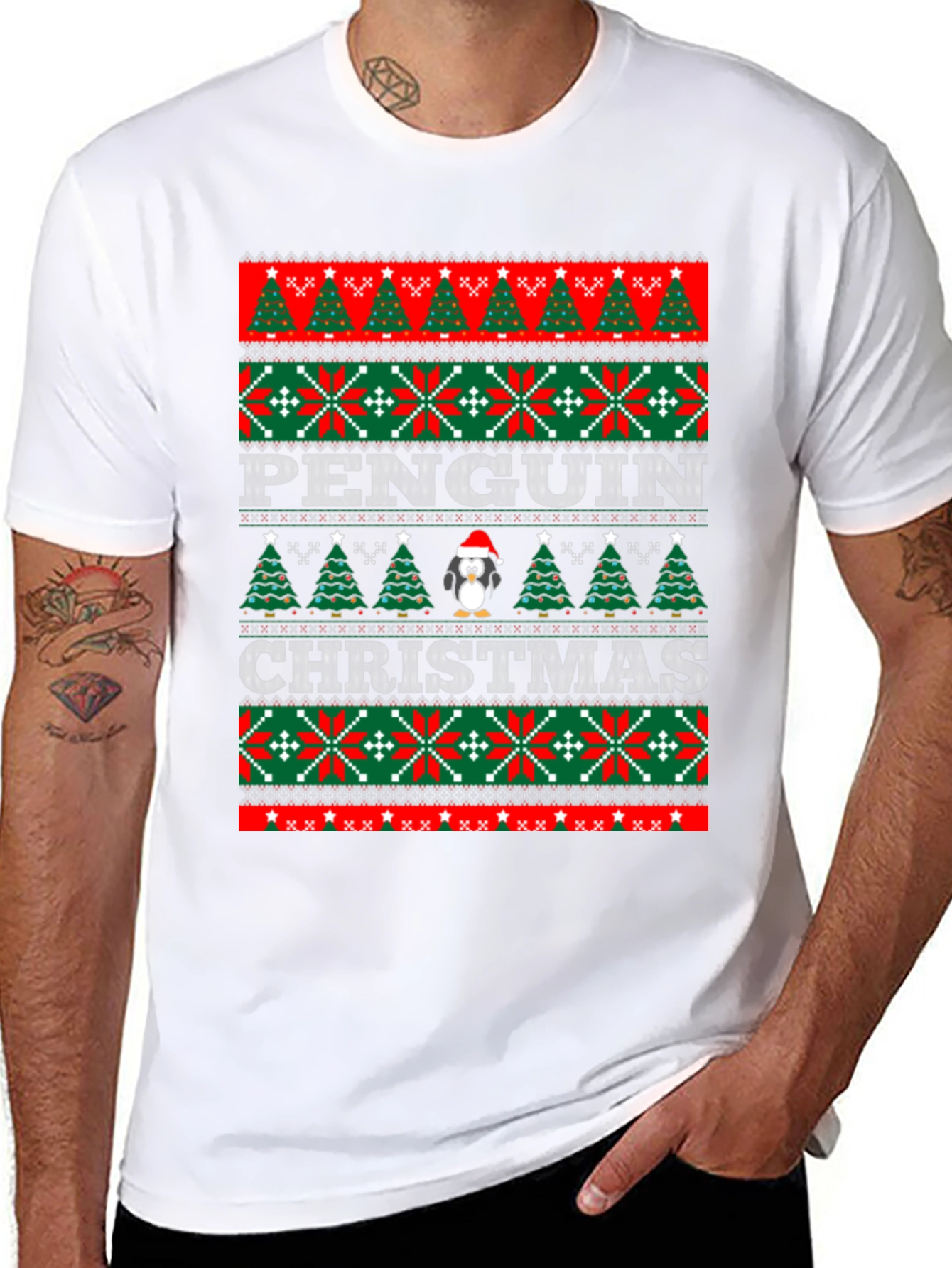 Penguin Christmas Sweater Pattern T-Shirt