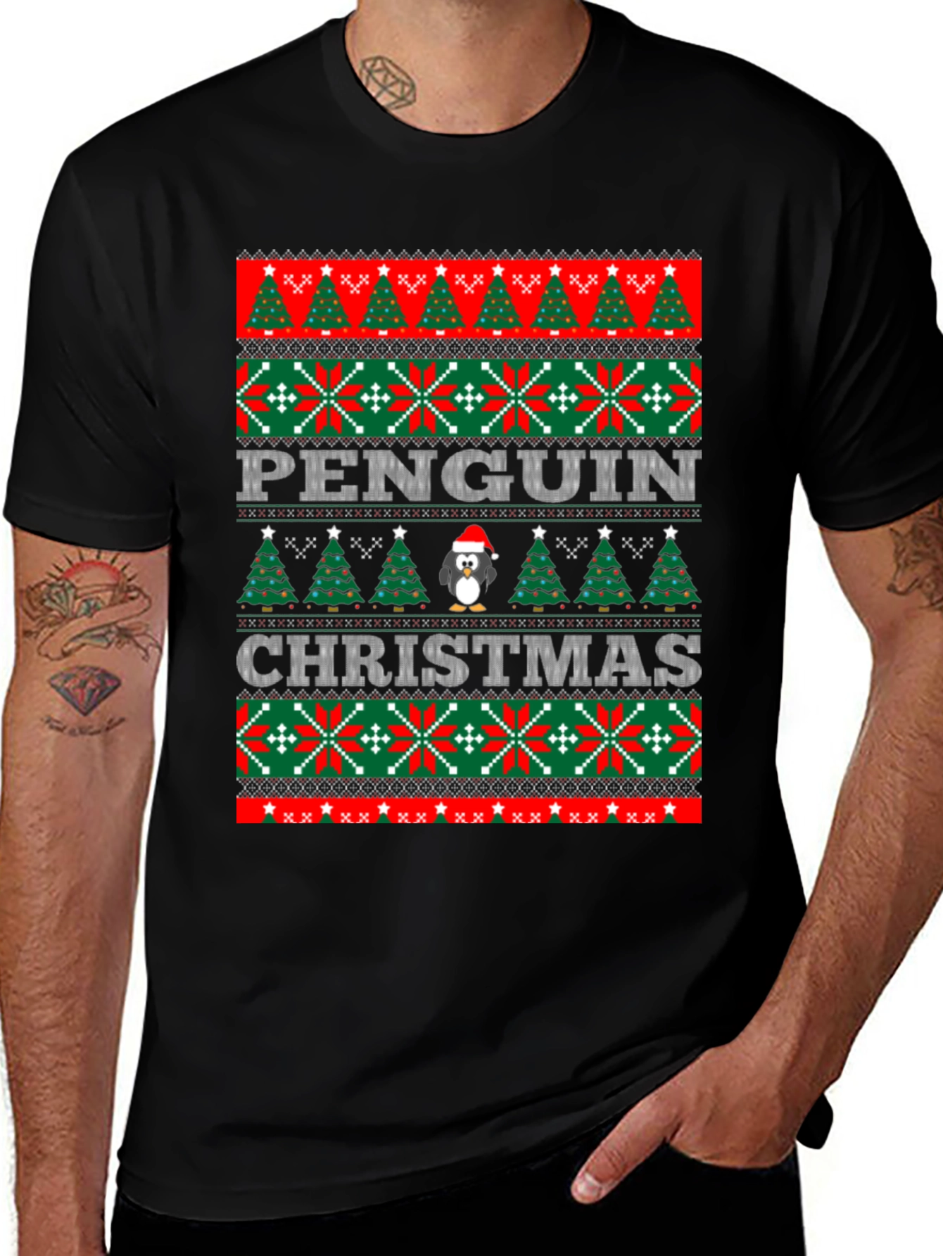 Penguin Christmas Sweater Pattern T-Shirt