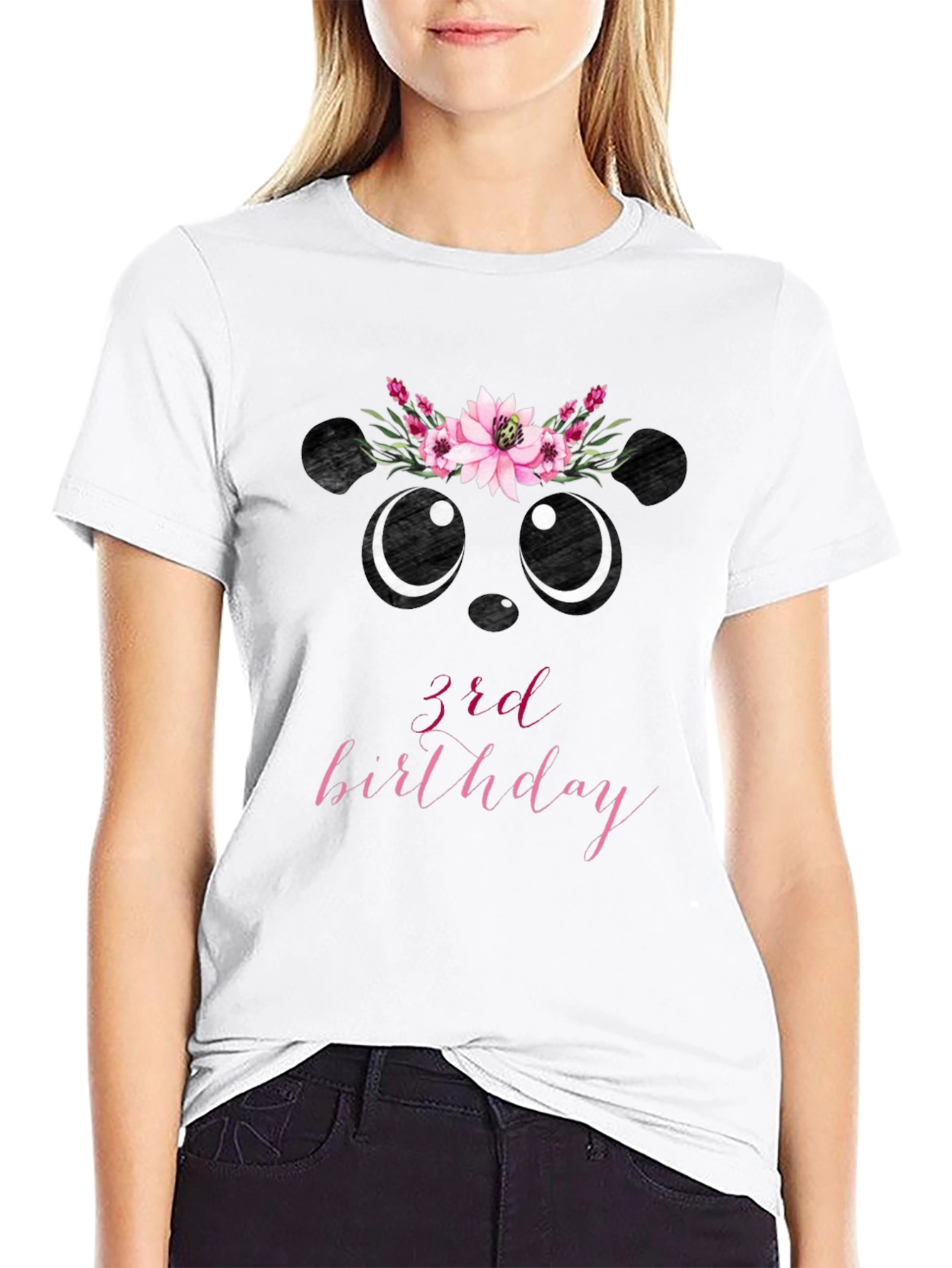 3rd Birthday Panda Bear Floral Wreath T-Shirt