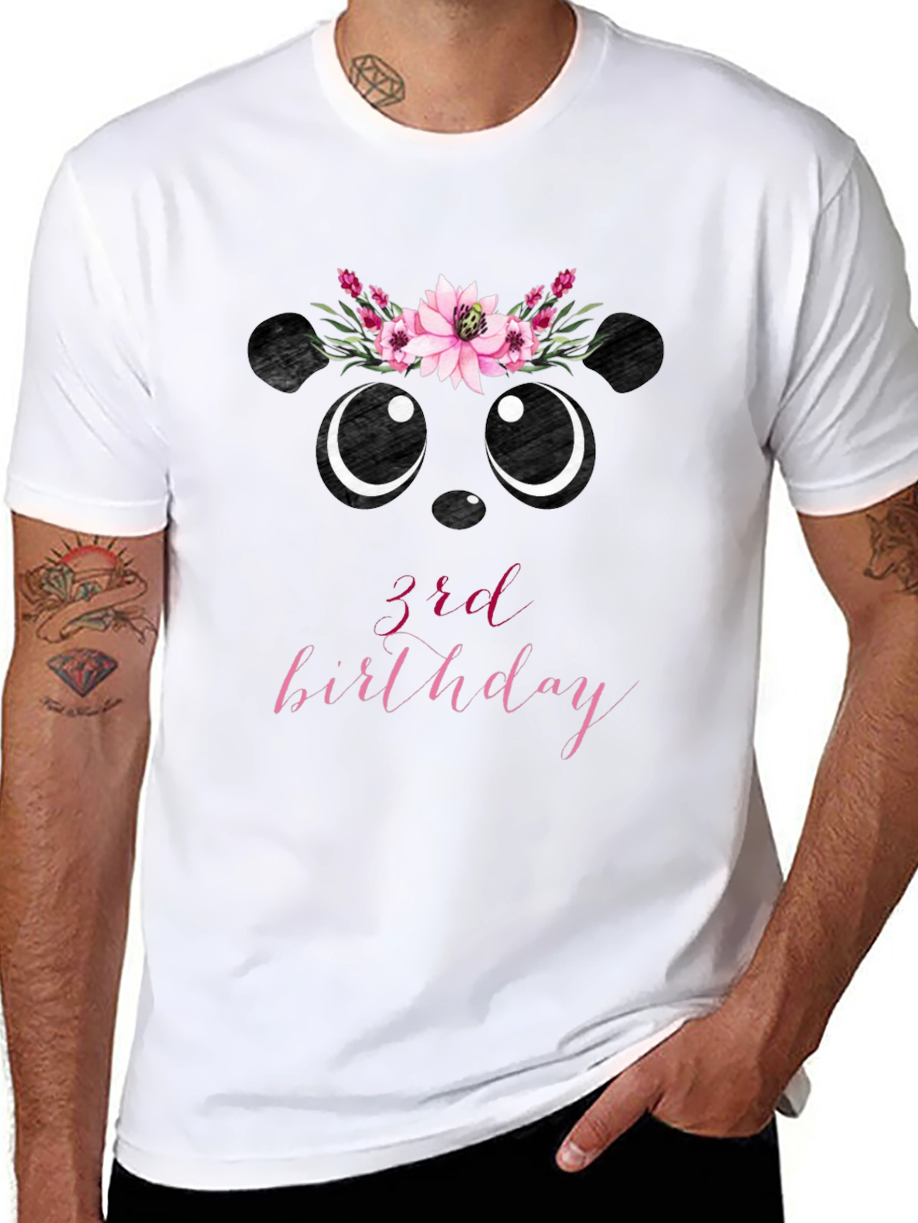 3rd Birthday Panda Bear Floral Wreath T-Shirt