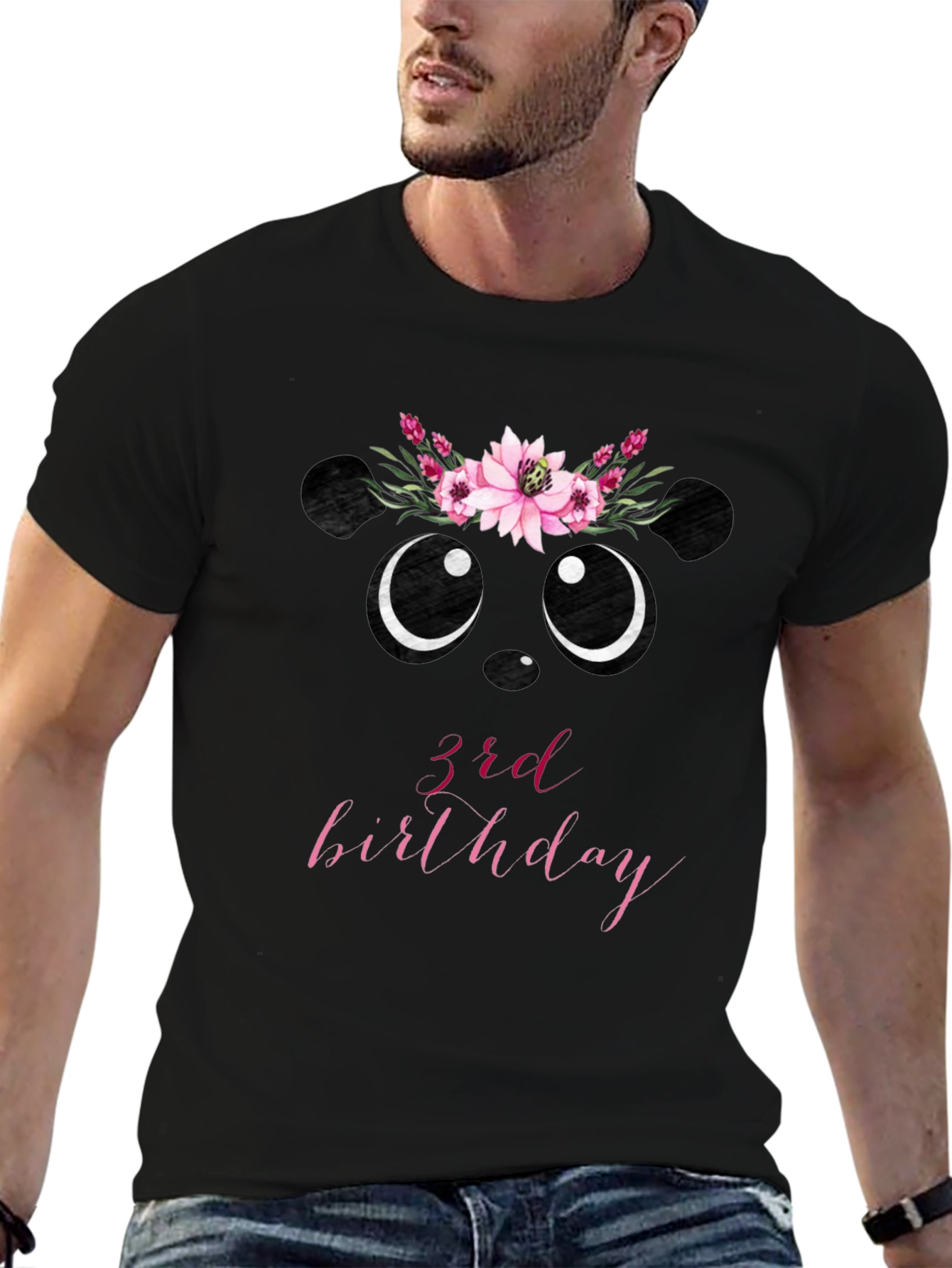 3rd Birthday Panda Bear Floral Wreath T-Shirt