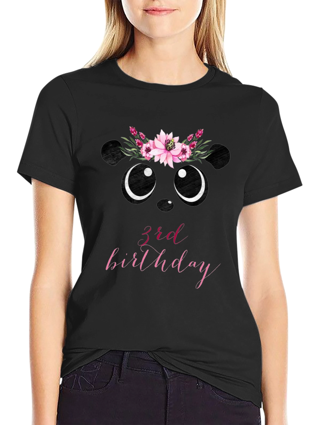 3rd Birthday Panda Bear Floral Wreath T-Shirt