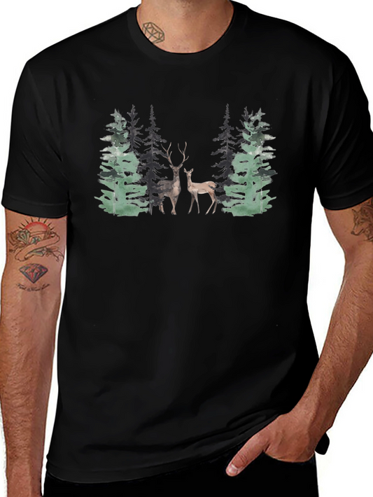 Deer Forest Graphic Tee - Nature Lovers Black T-Shirt